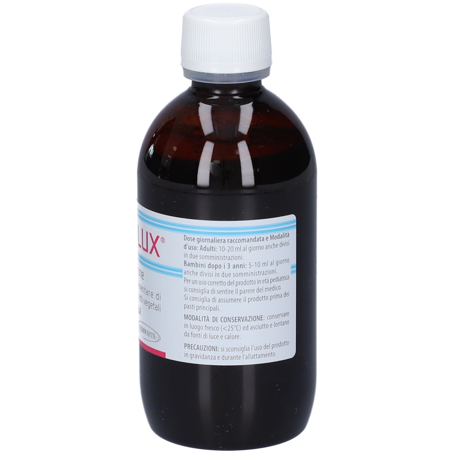 Flacone marrone con tappo bianco. Etichetta con raccomandazioni di dosaggio e istruzioni per l'uso.
