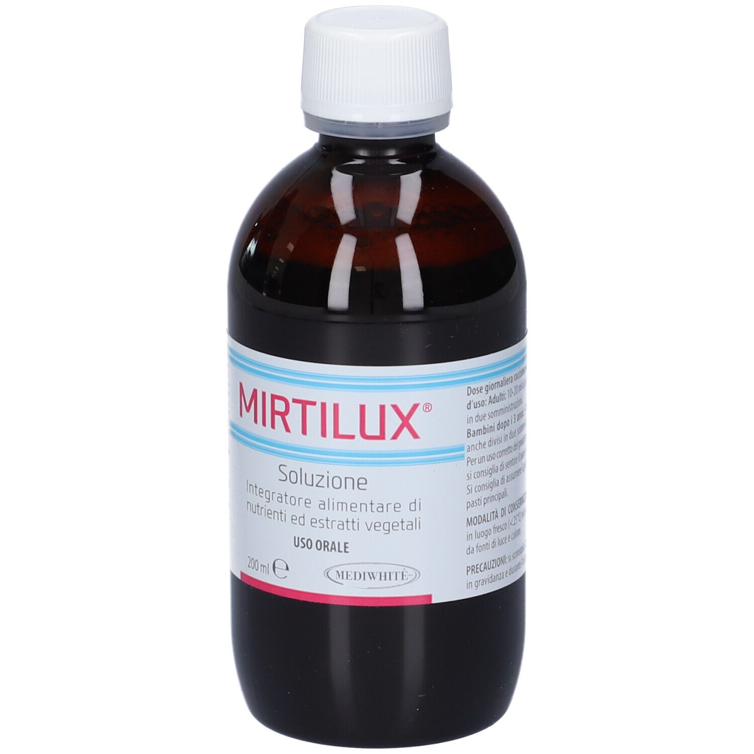 Flacone marrone con tappo bianco. Scritta Mirtilux, Soluzione. Etichetta con informazioni sul prodotto.