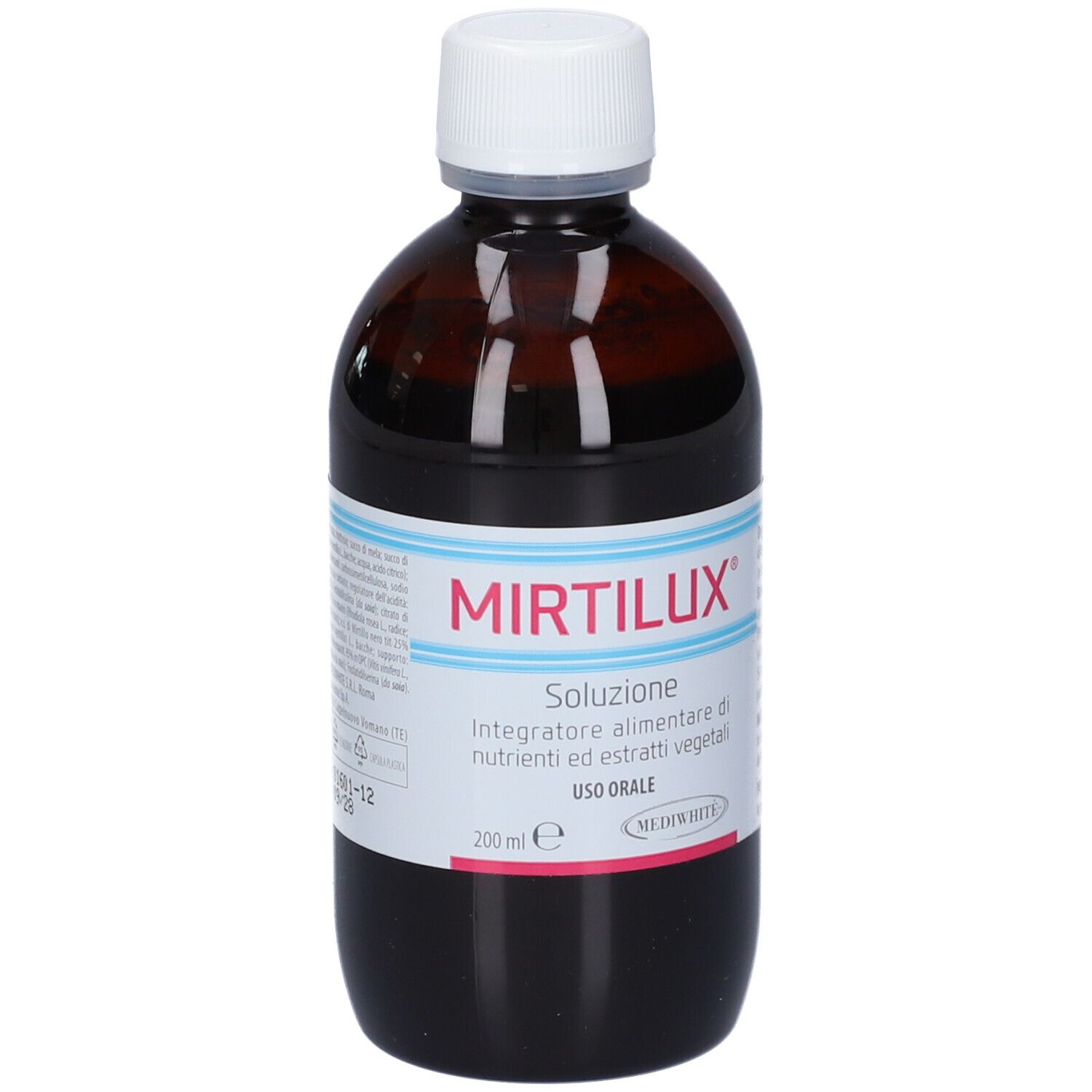 Flacone marrone con tappo bianco. Scritta Mirtilux, Soluzione. Etichetta con informazioni sul prodotto.
