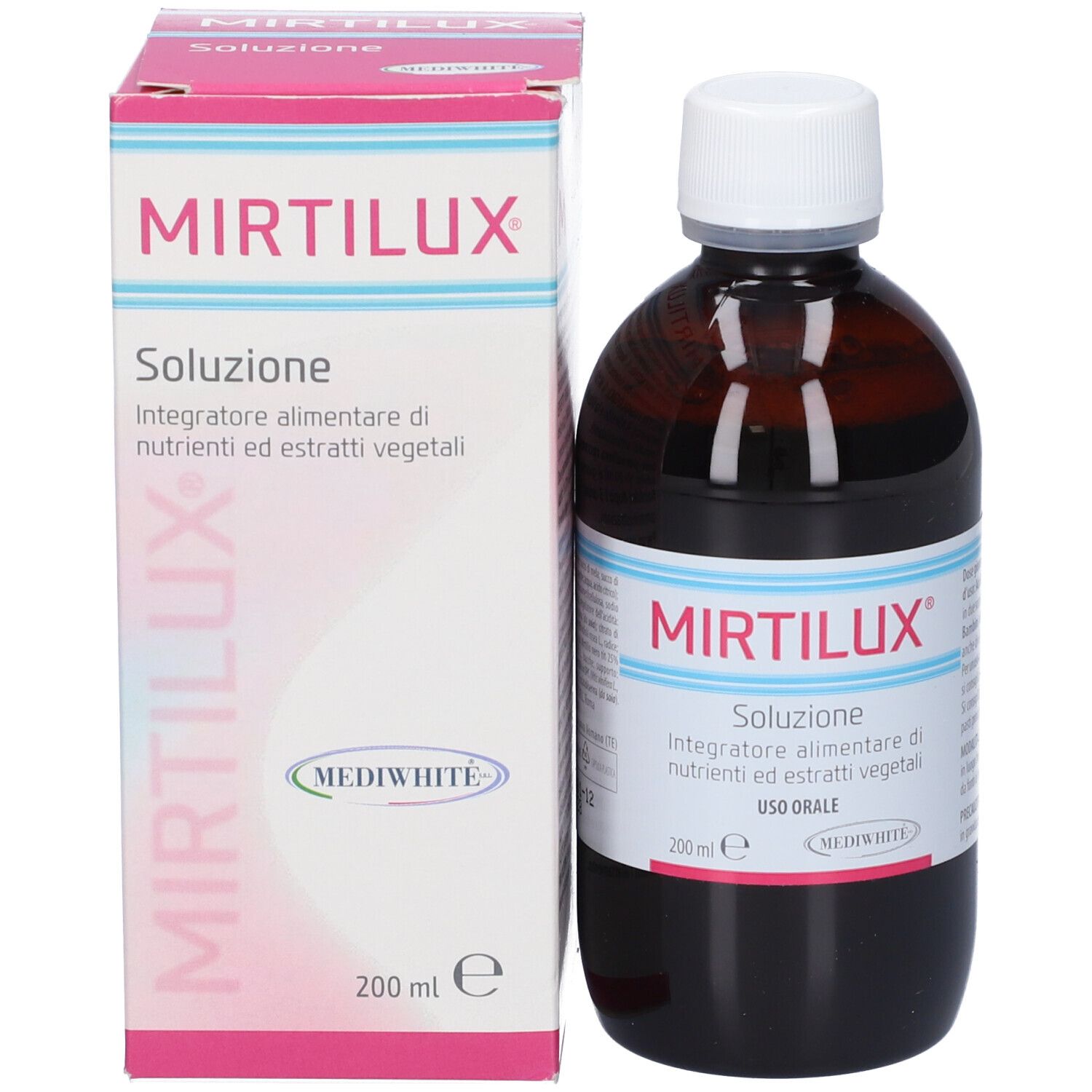 Flacone e confezione del prodotto. Scritta Mirtilux, Soluzione. Confezione bianca e rosa.