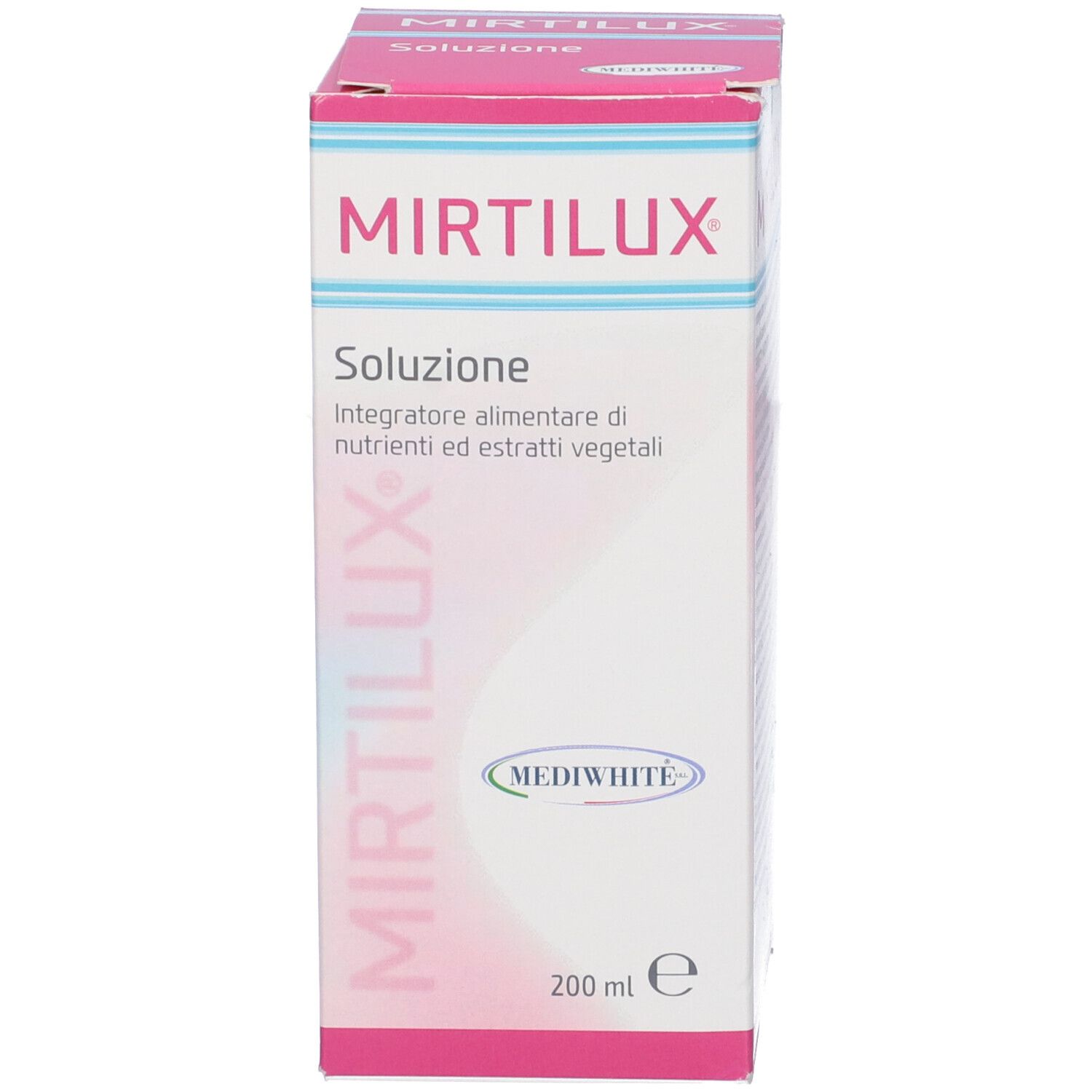 Confezione del prodotto. Scritta Mirtilux, Soluzione. Confezione bianca e rosa.