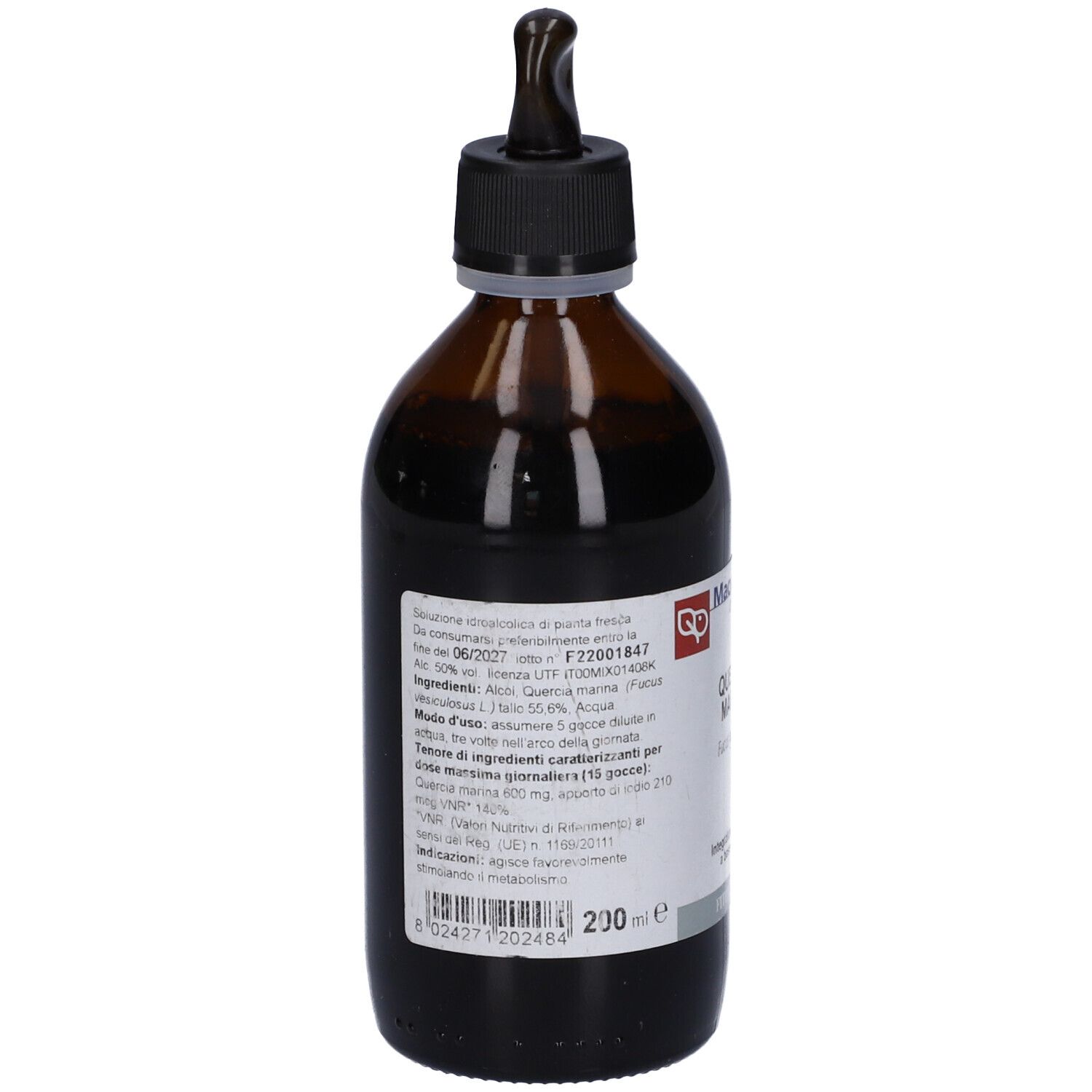 Flacone di vetro marrone con tappo nero. Etichetta con informazioni sul prodotto, ingredienti e dosaggio.