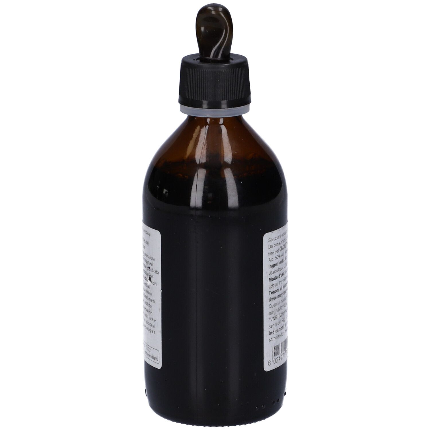 Flacone di vetro marrone con tappo nero e contagocce. Vista laterale con etichetta.