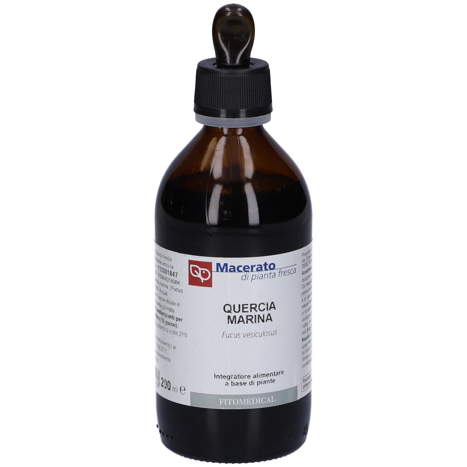 Flacone di vetro marrone con tappo nero e contagocce. Etichetta con nome del prodotto e ingredienti.