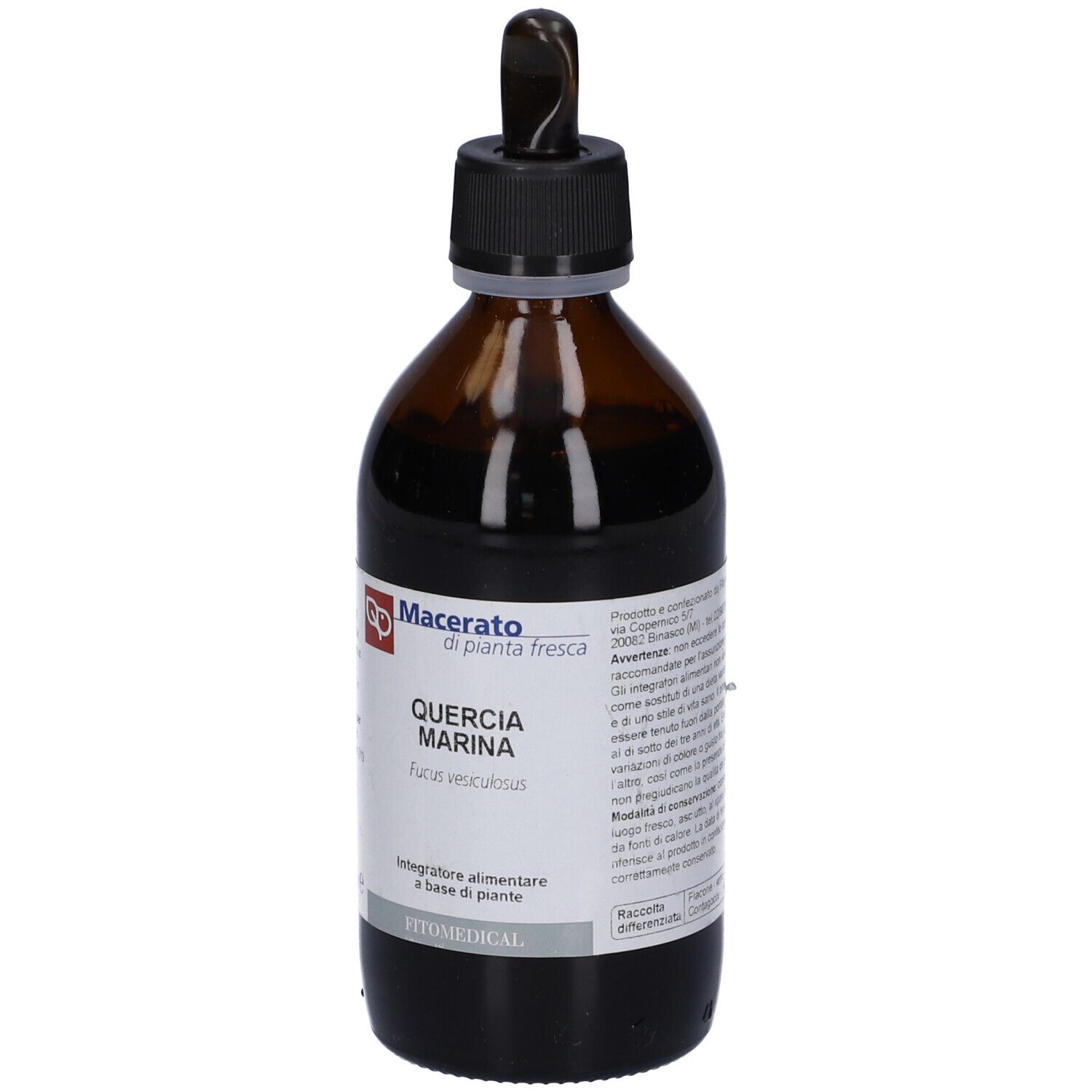 Flacone di vetro marrone con tappo nero e contagocce. Etichetta con informazioni sul prodotto.