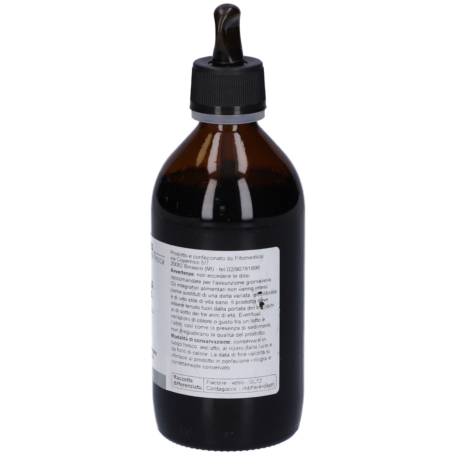 Flacone di vetro marrone con tappo nero e contagocce. Etichetta con informazioni sul prodotto.