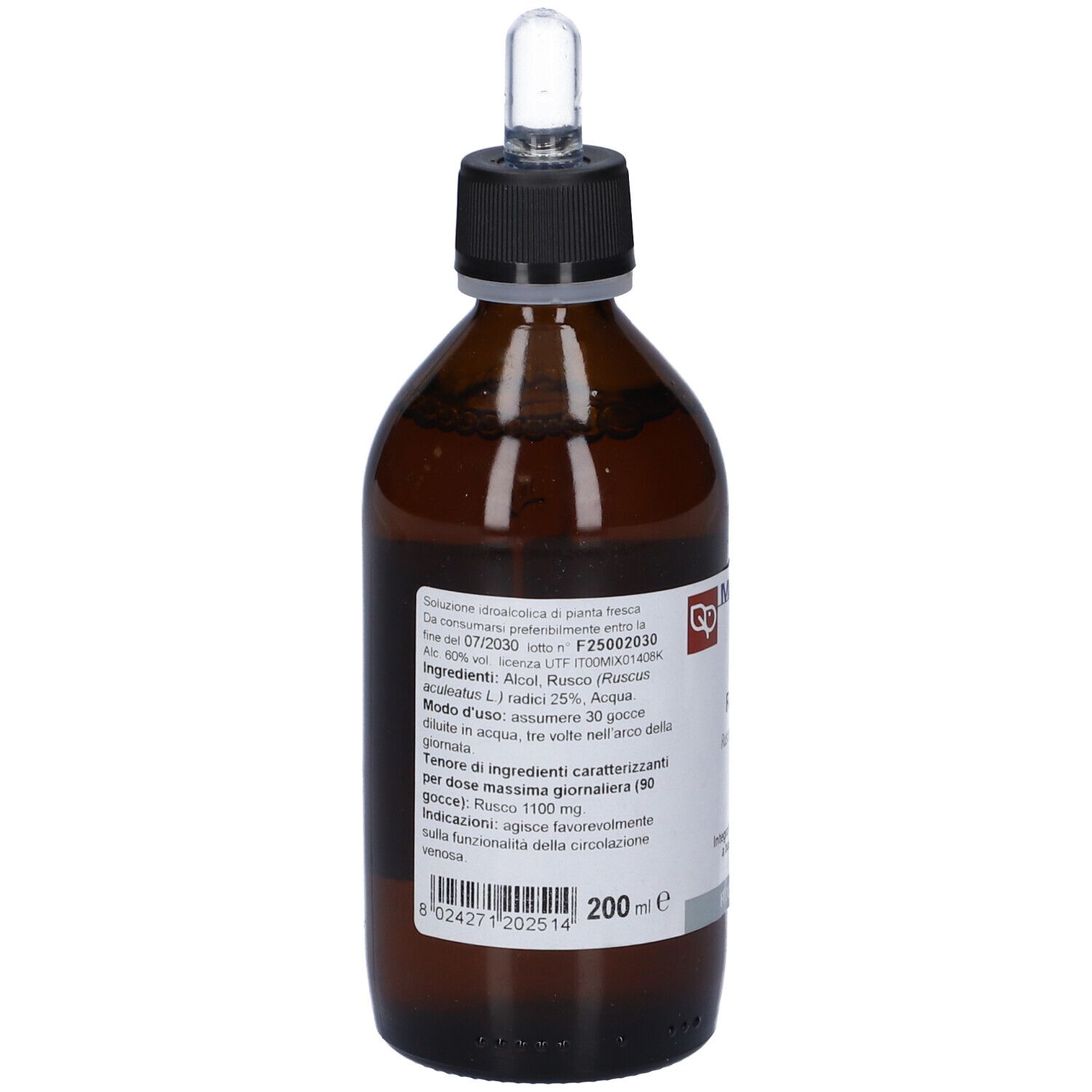 Flacone di vetro marrone con tappo nero e pipetta. Vista posteriore con etichetta. Testo con ingredienti e istruzioni per l'uso.