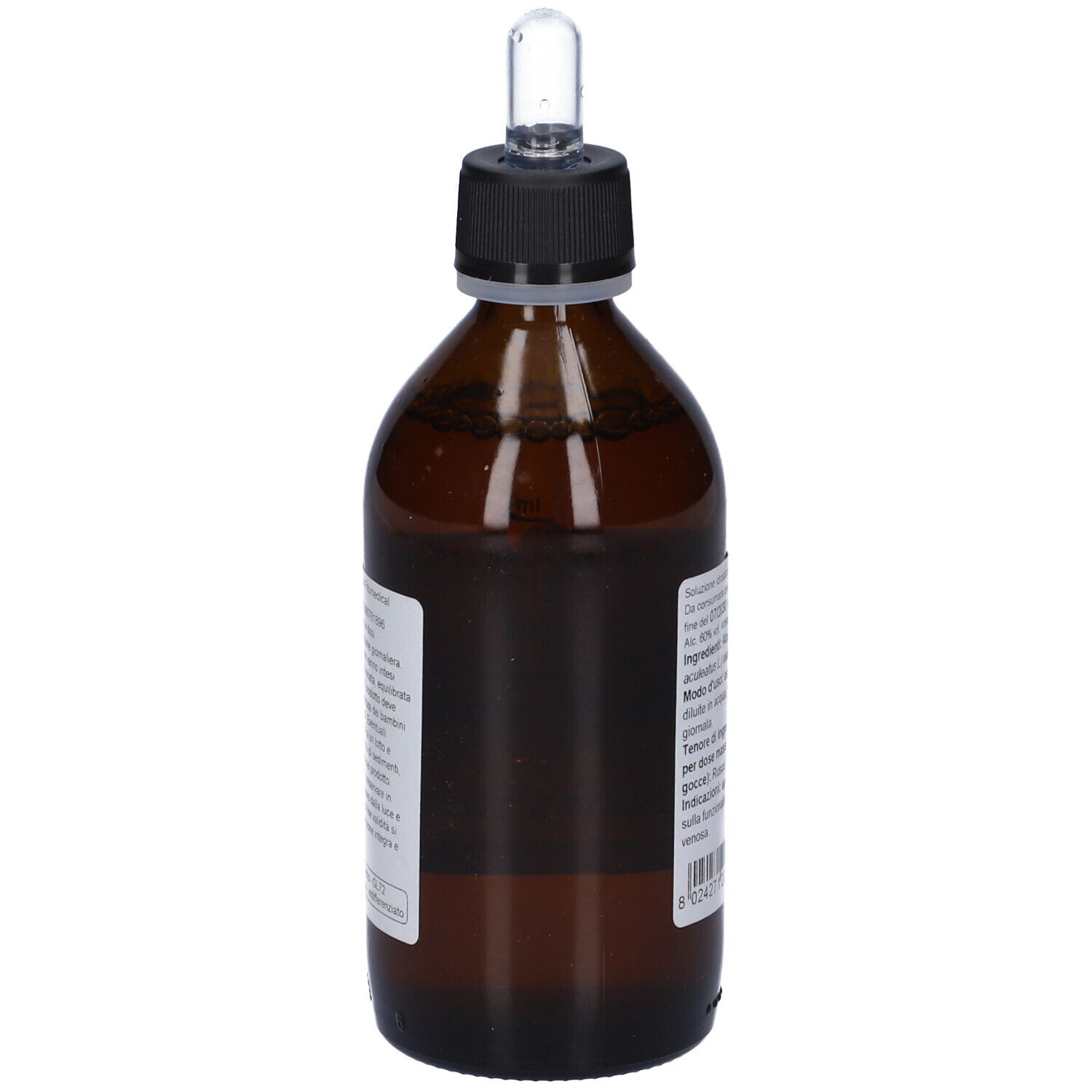 Flacone di vetro marrone con tappo nero e pipetta. Vista posteriore con etichetta. Testo con informazioni sul prodotto.