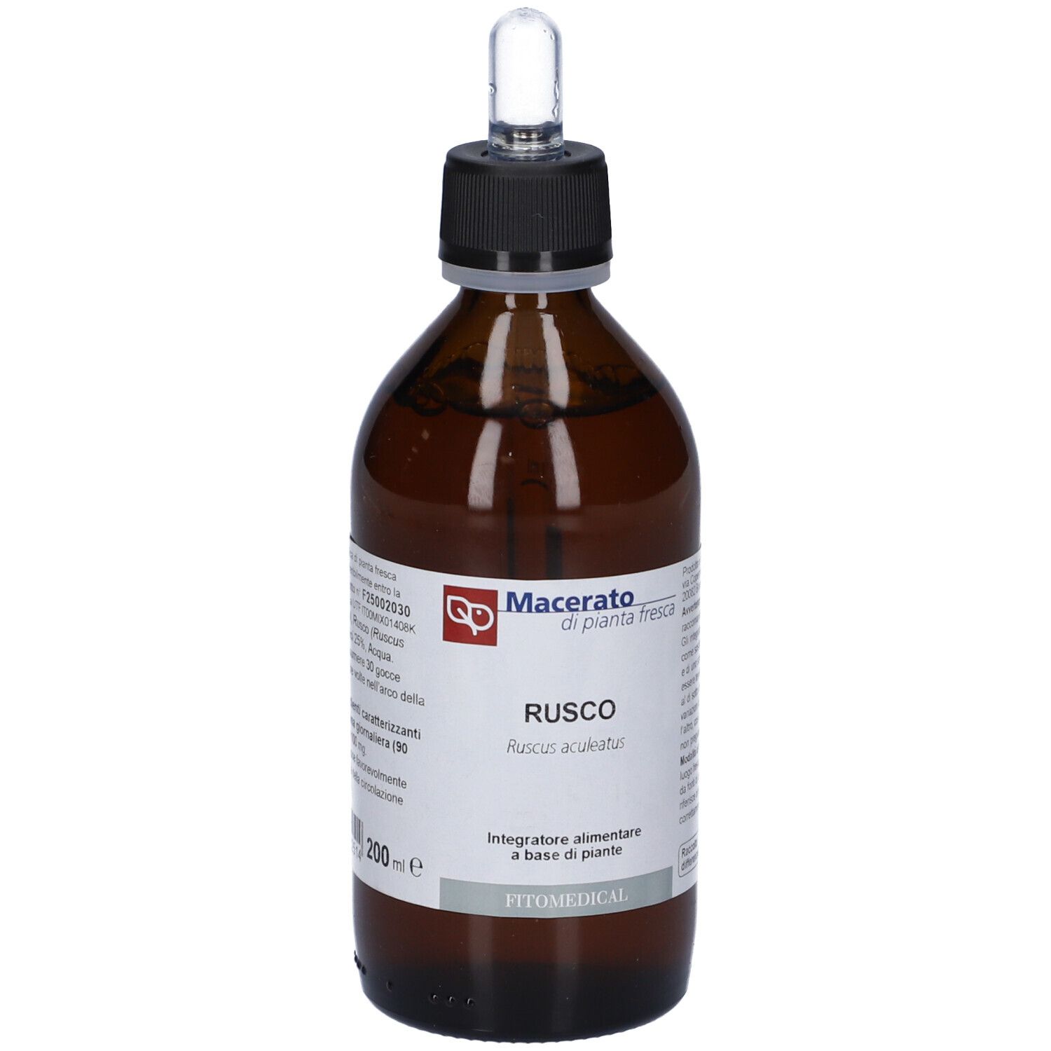 Flacone di vetro marrone con tappo nero e pipetta. Etichetta con nome del prodotto e informazioni. Marchio: Macerato di pianta fresca.