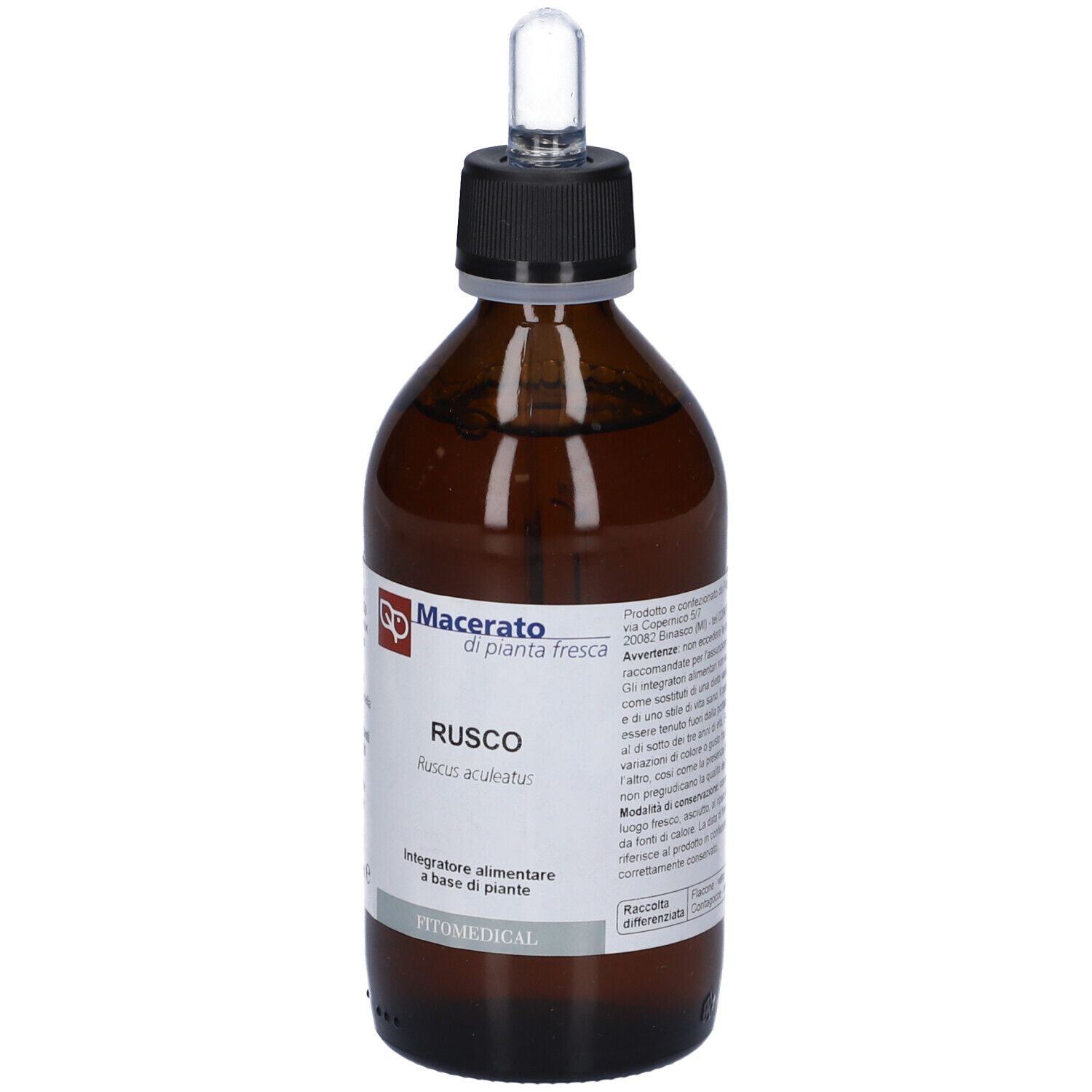 Flacone di vetro marrone con tappo nero e pipetta. Vista posteriore con etichetta. Testo con informazioni sul prodotto.