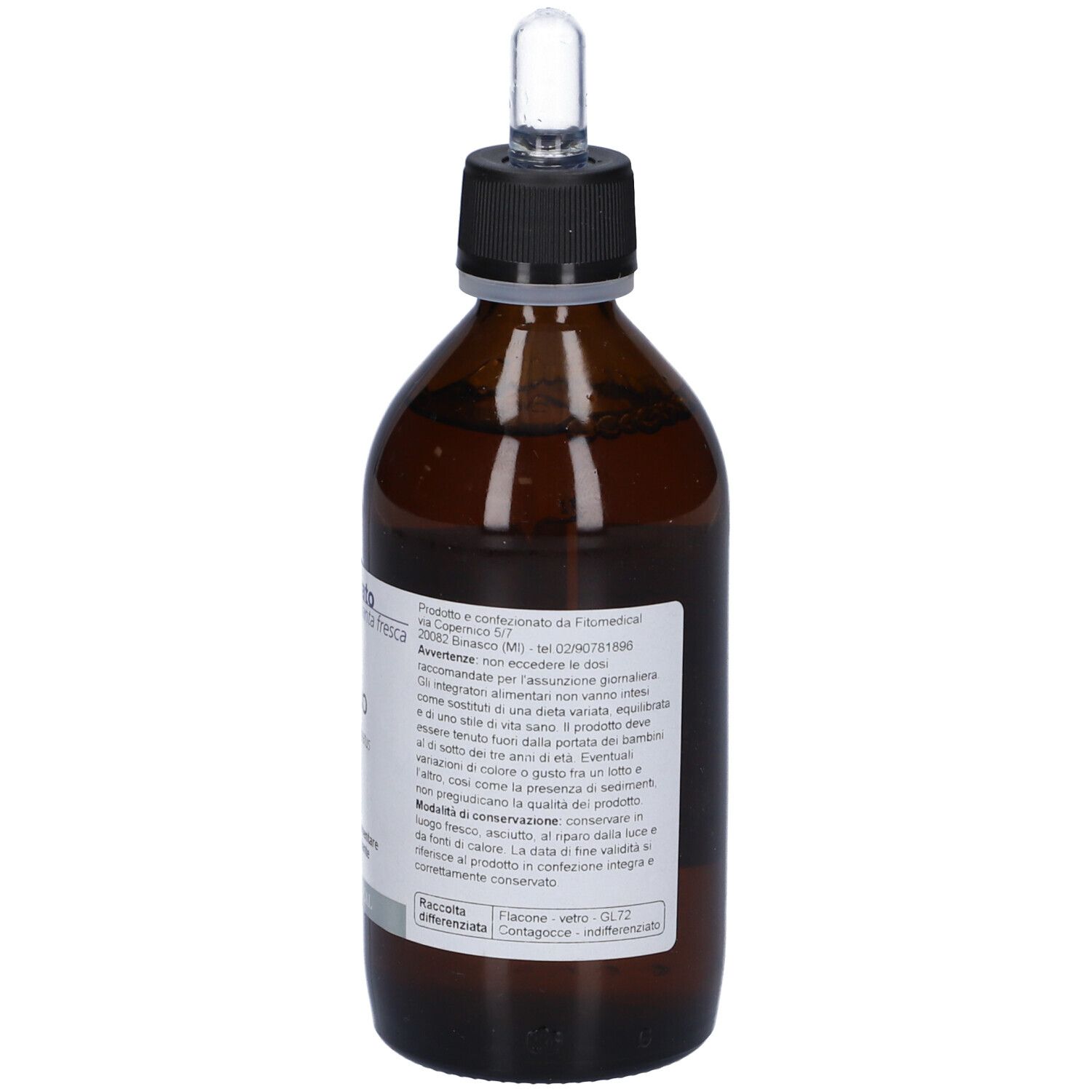 Flacone di vetro marrone con tappo nero e pipetta. Vista posteriore con etichetta. Testo con informazioni sul prodotto.