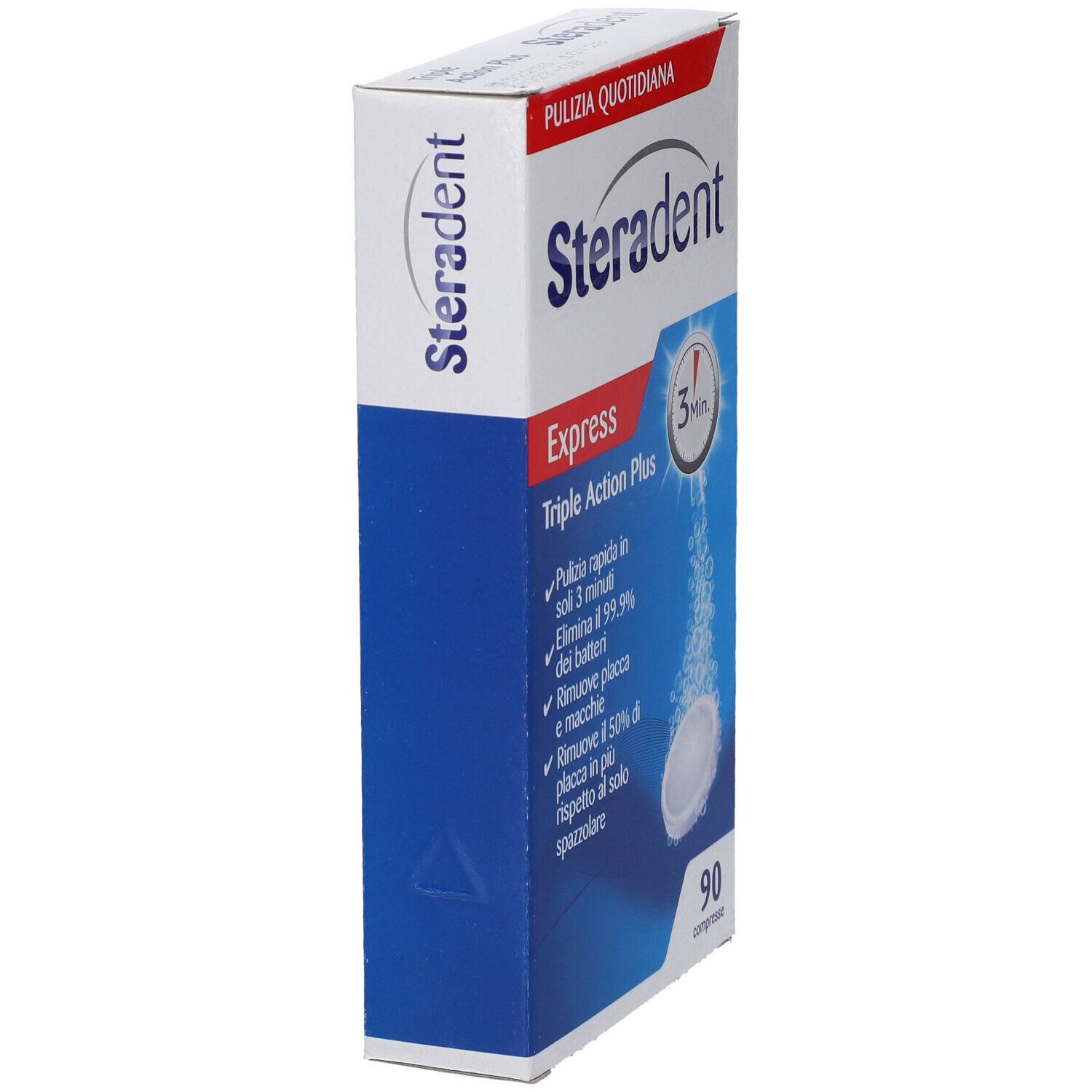 Confezione Steradent Express Triple Action Plus. Contiene 90 compresse. Confezione blu e bianca con informazioni.