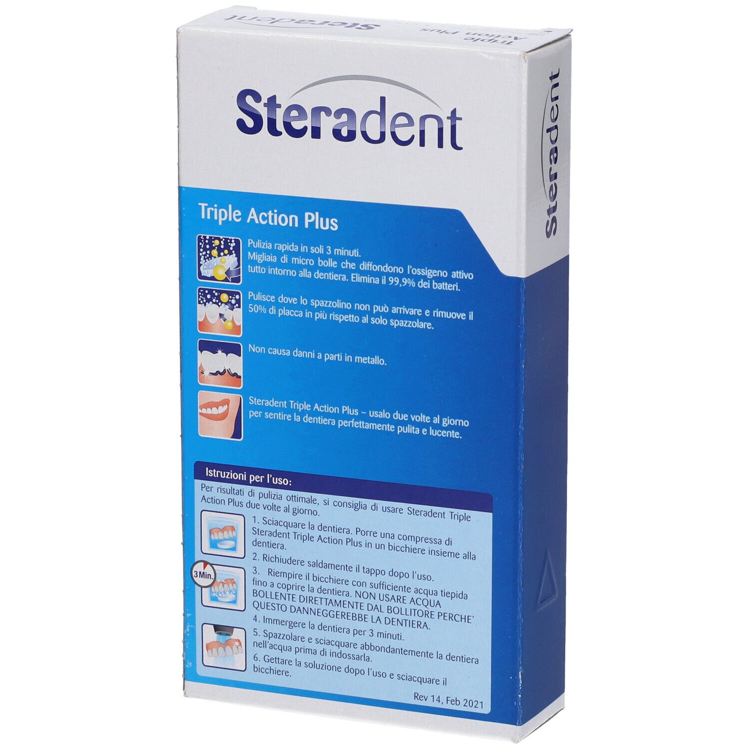 Retro della confezione Steradent Express Triple Action Plus. Contiene informazioni e istruzioni sul prodotto.