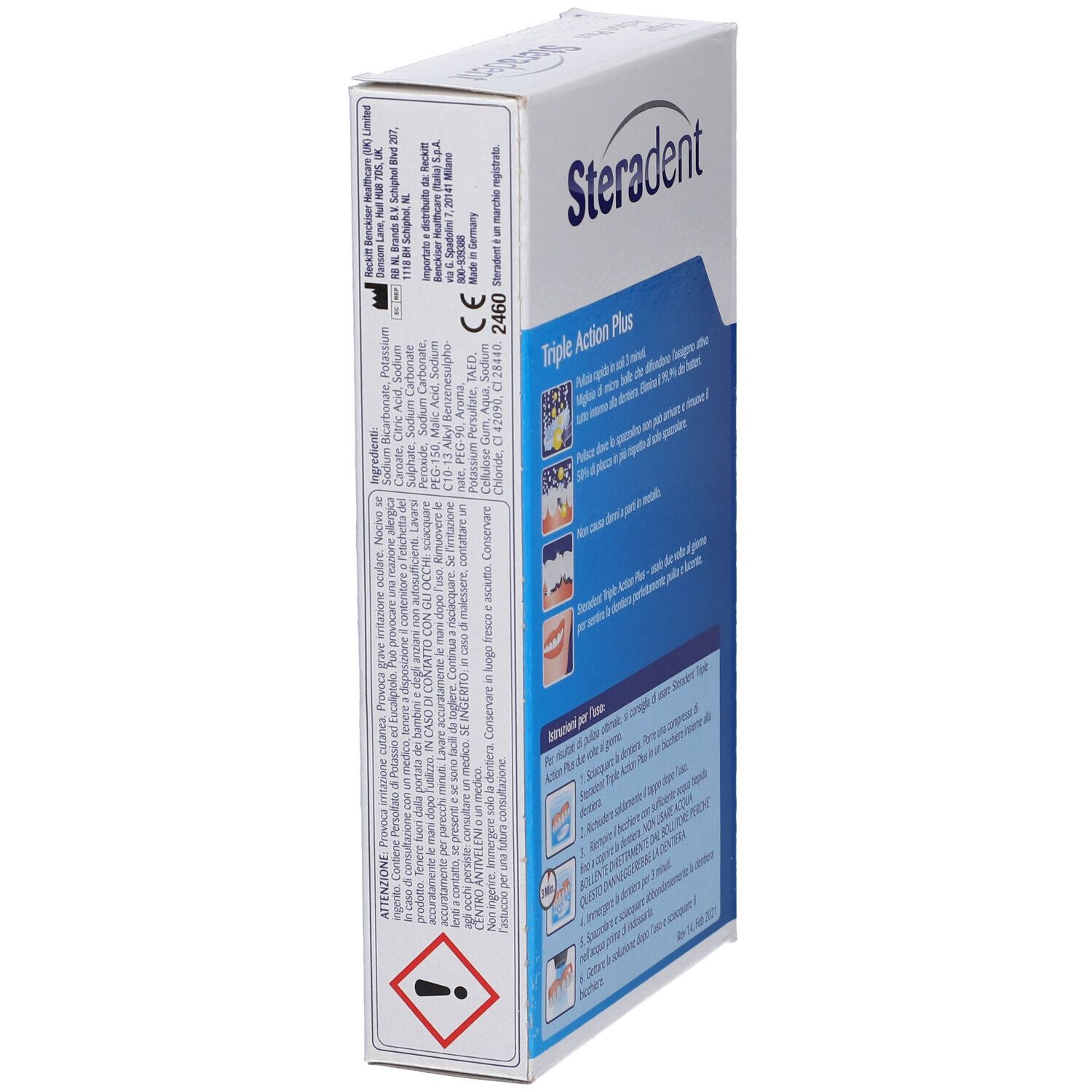 Vista laterale della confezione Steradent Express Triple Action Plus. Confezione blu e bianca con informazioni.