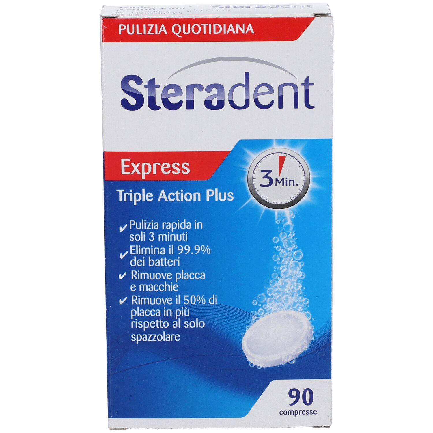 Confezione Steradent Express Triple Action Plus. Contiene 90 compresse. Confezione blu e bianca con informazioni.
