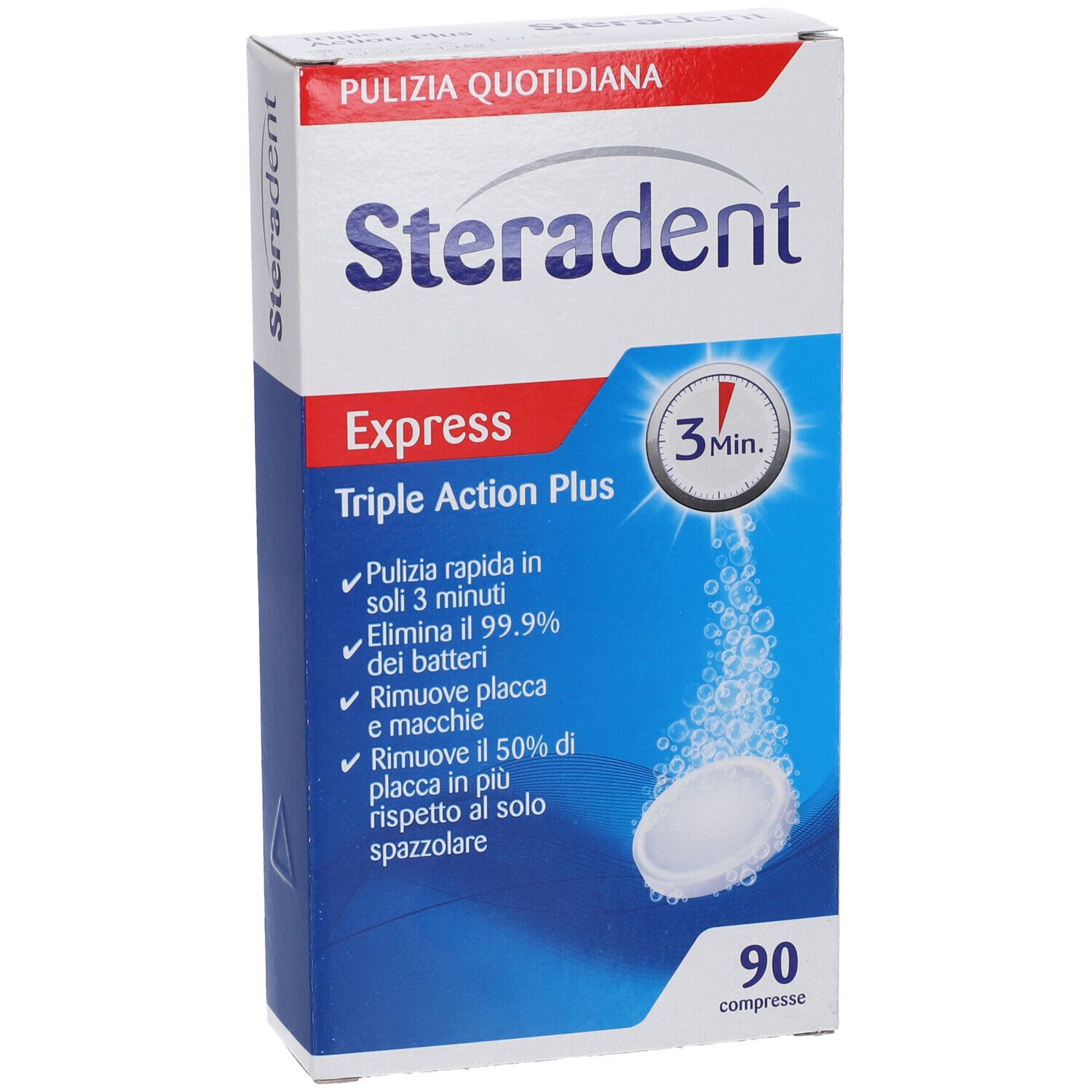 Confezione Steradent Express Triple Action Plus. Contiene 90 compresse. Confezione blu e bianca con informazioni.