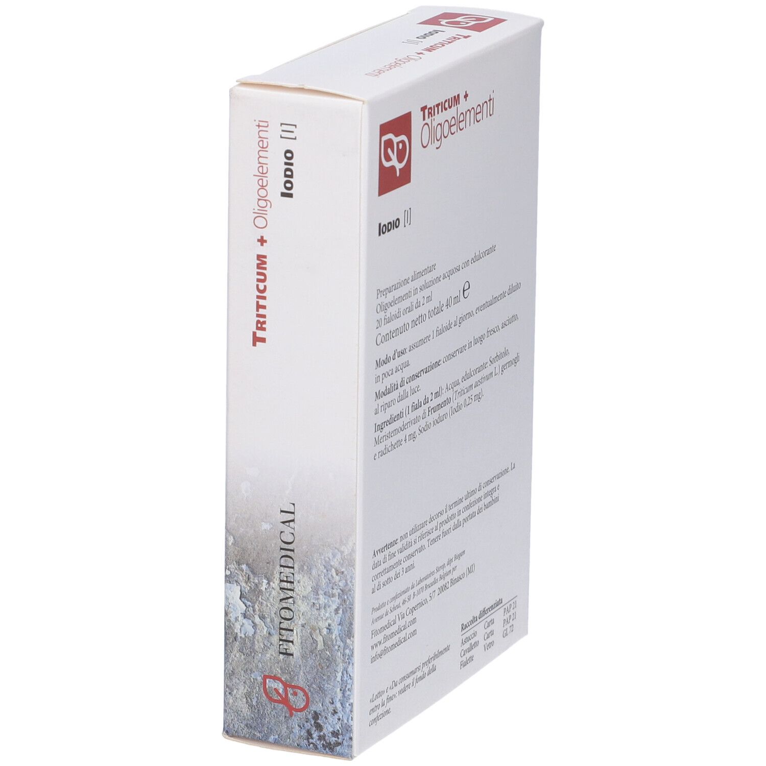 Scatola "Triticum + Oligoelementi", 20 fiale bevibili. Logo e scritta "FitoMedical". Sfondo con spighe di grano.