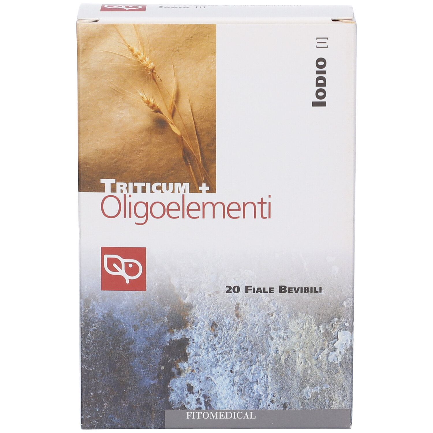 Scatola "Triticum + Oligoelementi", 20 fiale bevibili. Logo e scritta "FitoMedical". Sfondo con spighe di grano.