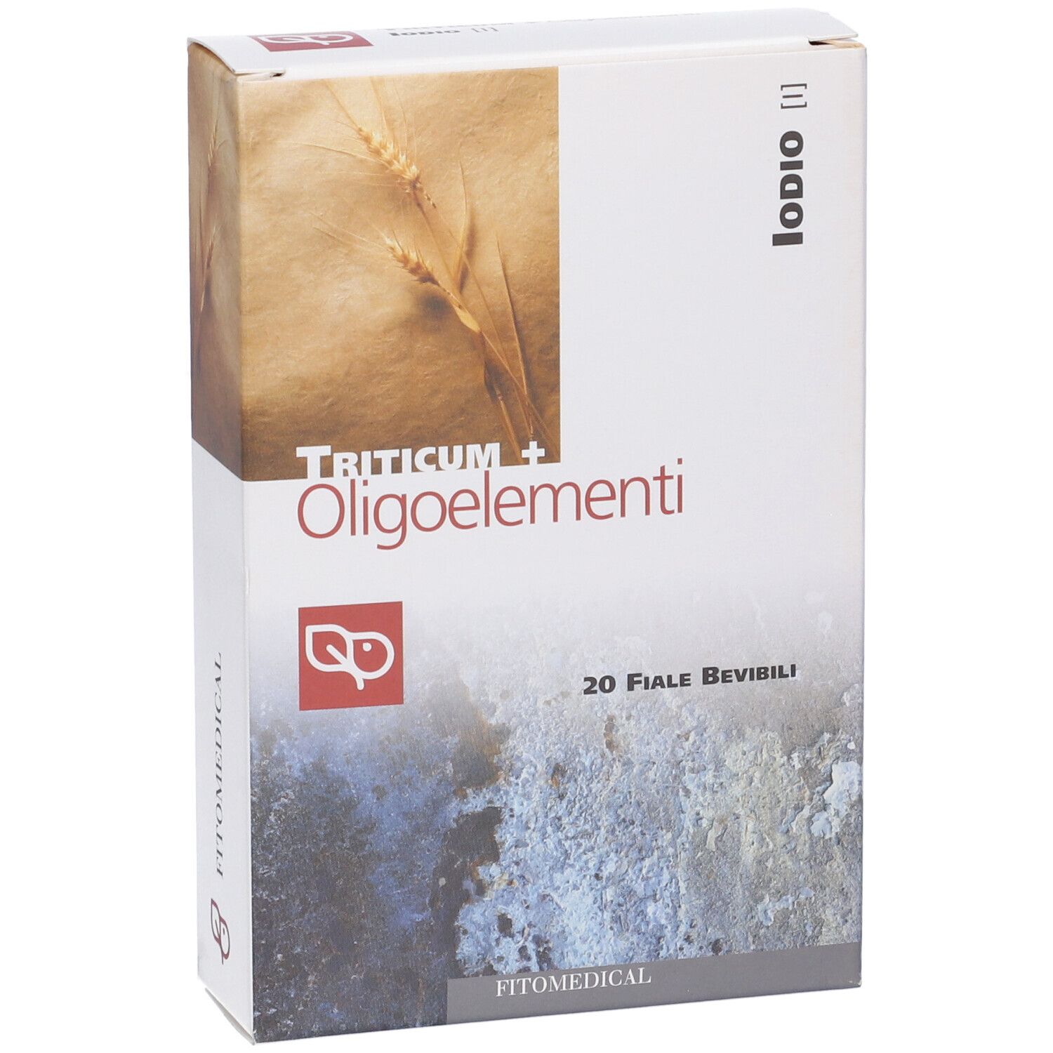 Scatola "Triticum + Oligoelementi", 20 fiale bevibili. Logo e scritta "FitoMedical". Sfondo con spighe di grano.