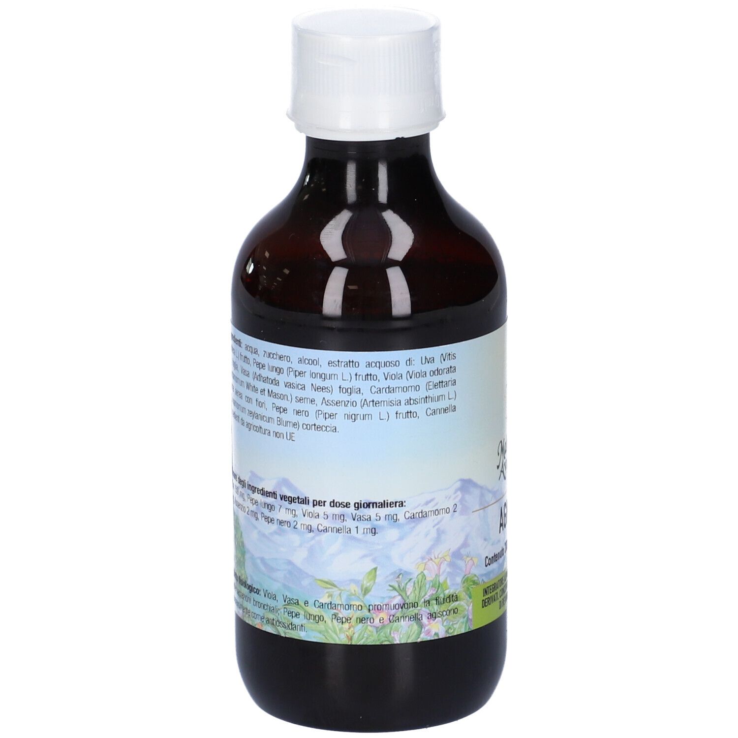 Vista posteriore della bottiglia di vetro marrone. Etichetta con ingredienti e informazioni. Tappo bianco.