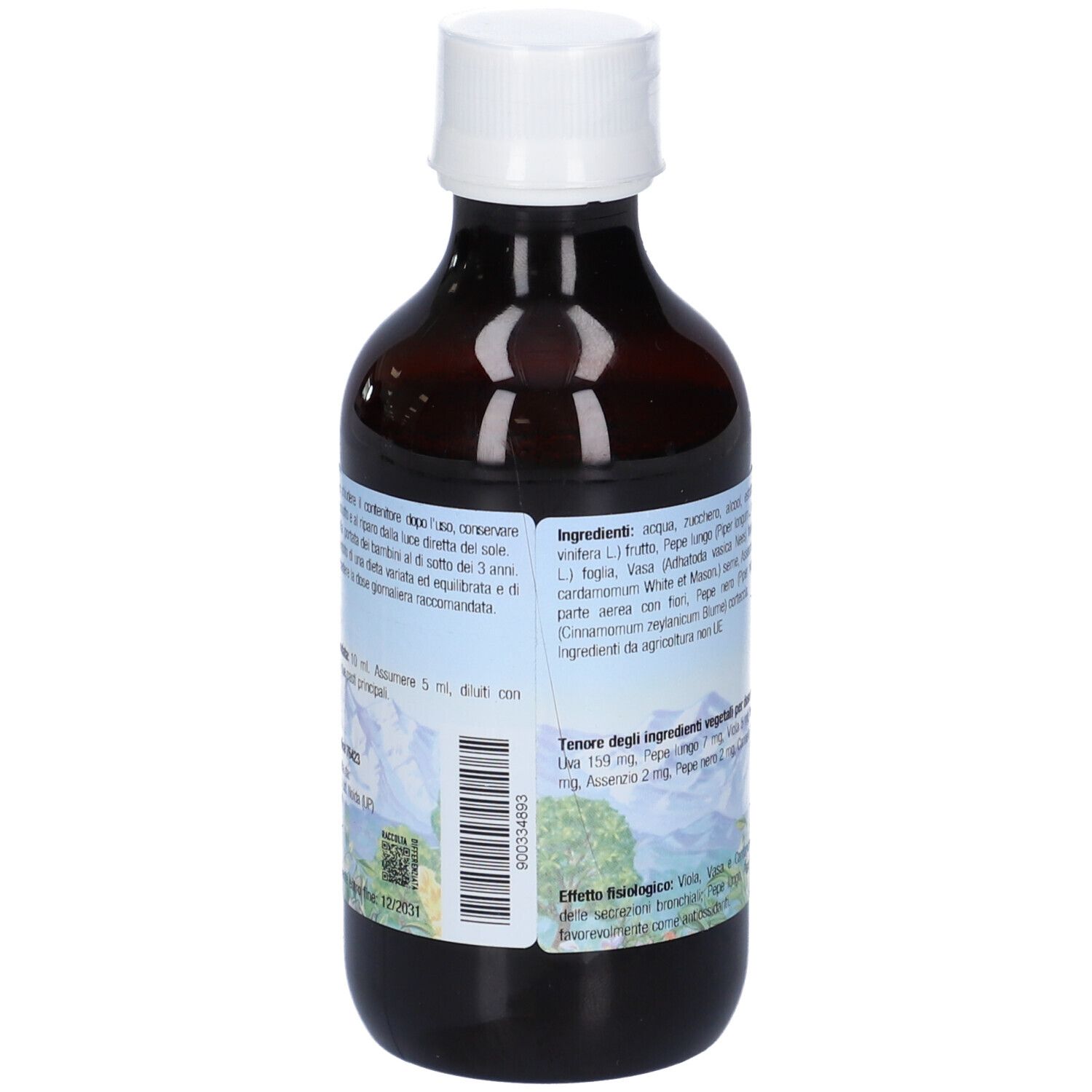 Vista posteriore della bottiglia di vetro marrone. Etichetta con ingredienti e informazioni. Tappo bianco.