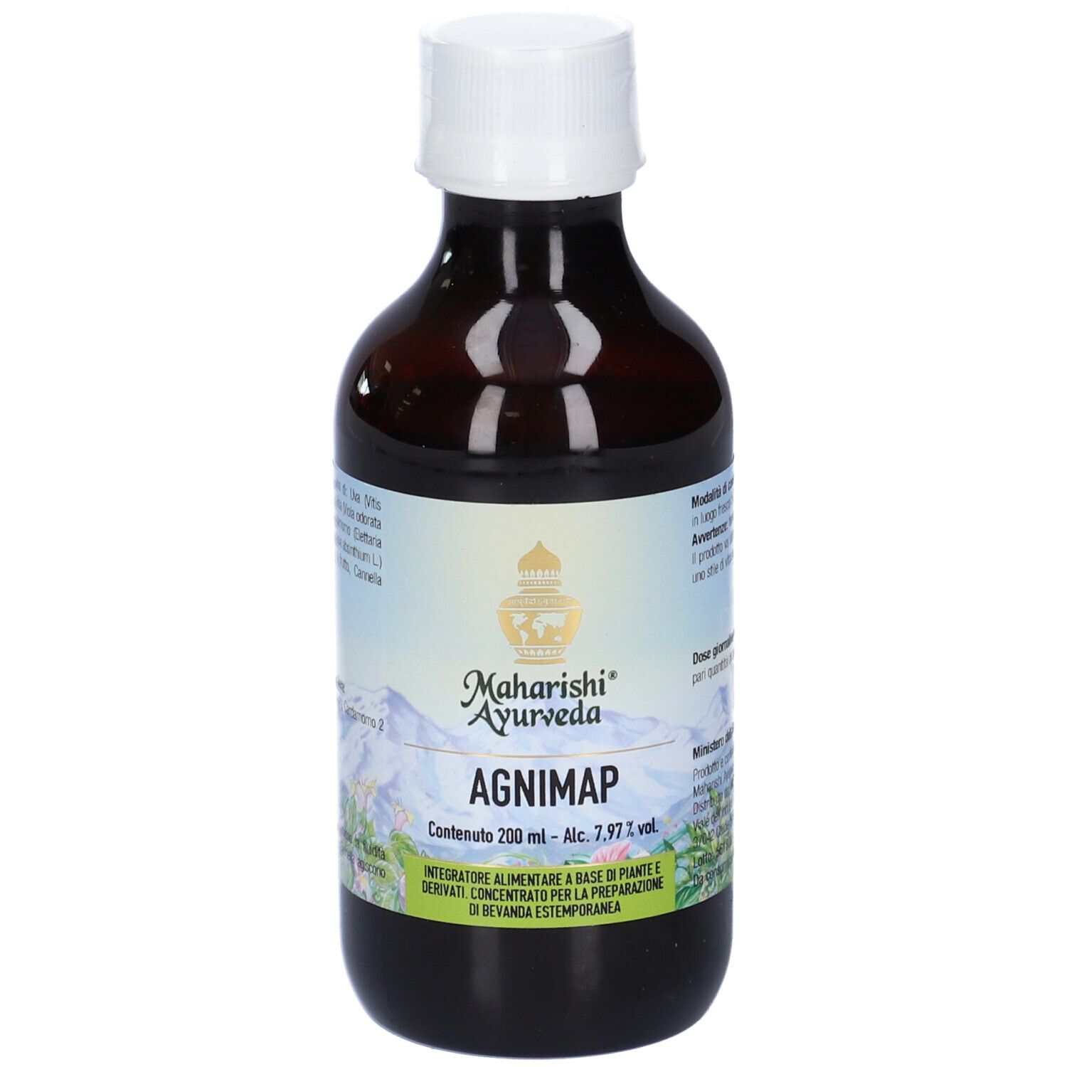 Bottiglia di vetro marrone con tappo bianco. Scritta: Agnimap, Maharishi Ayurveda. Etichetta con informazioni e logo.