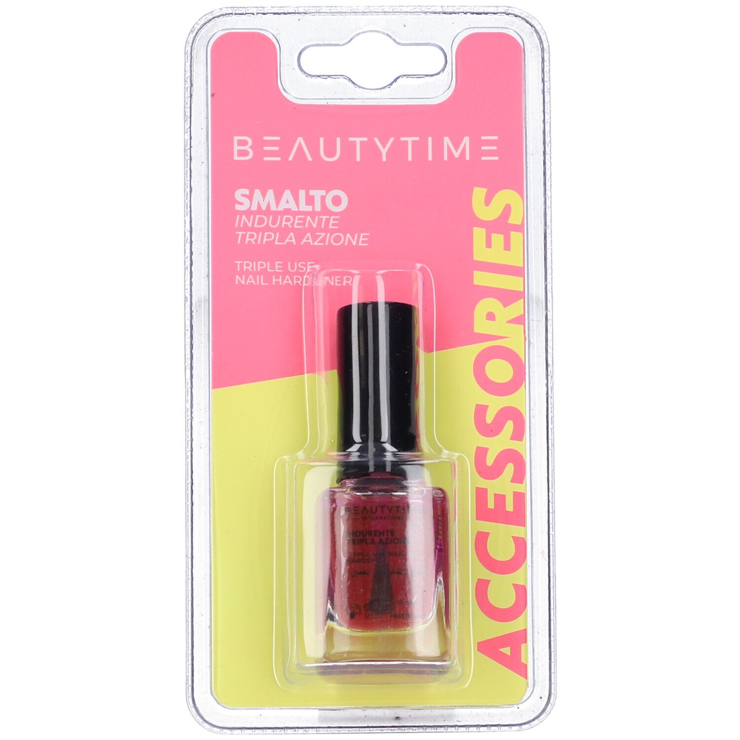 Indurente per unghie in blister. Liquido rosso, tappo nero. Scritta: Beautytime Smalto Indurente Tripla Azione.