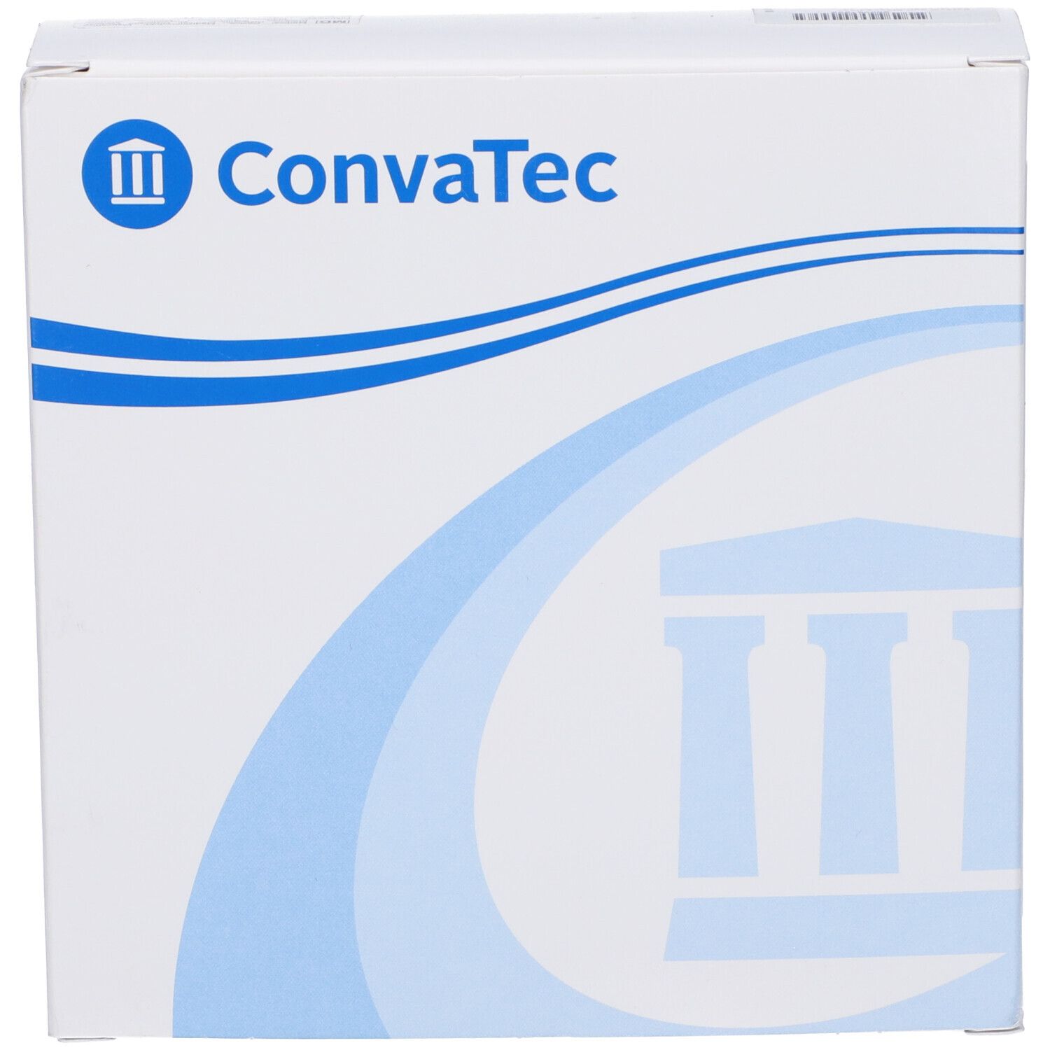 Scatola bianca con logo e scritta blu ConvaTec. Motivo a onde. Confezione del prodotto.