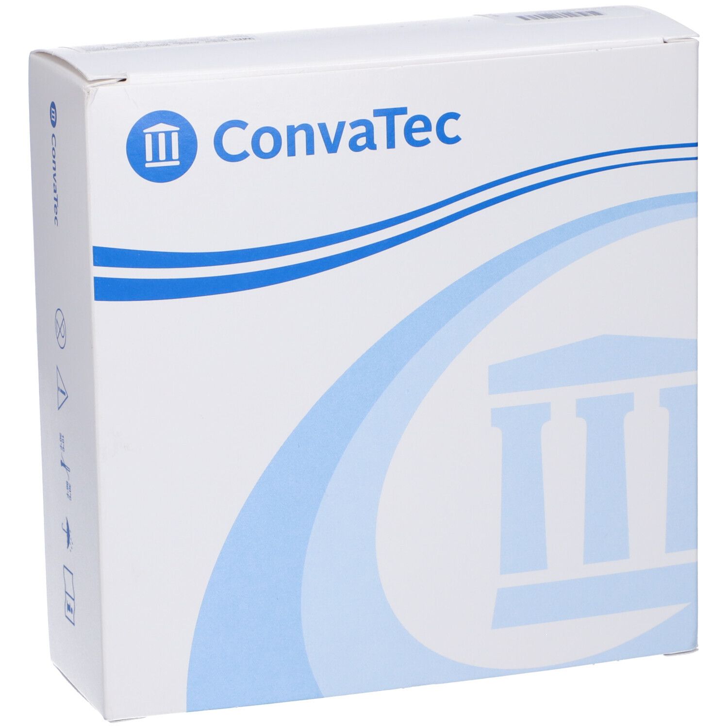 Scatola bianca con logo e scritta blu ConvaTec. Confezione del prodotto.