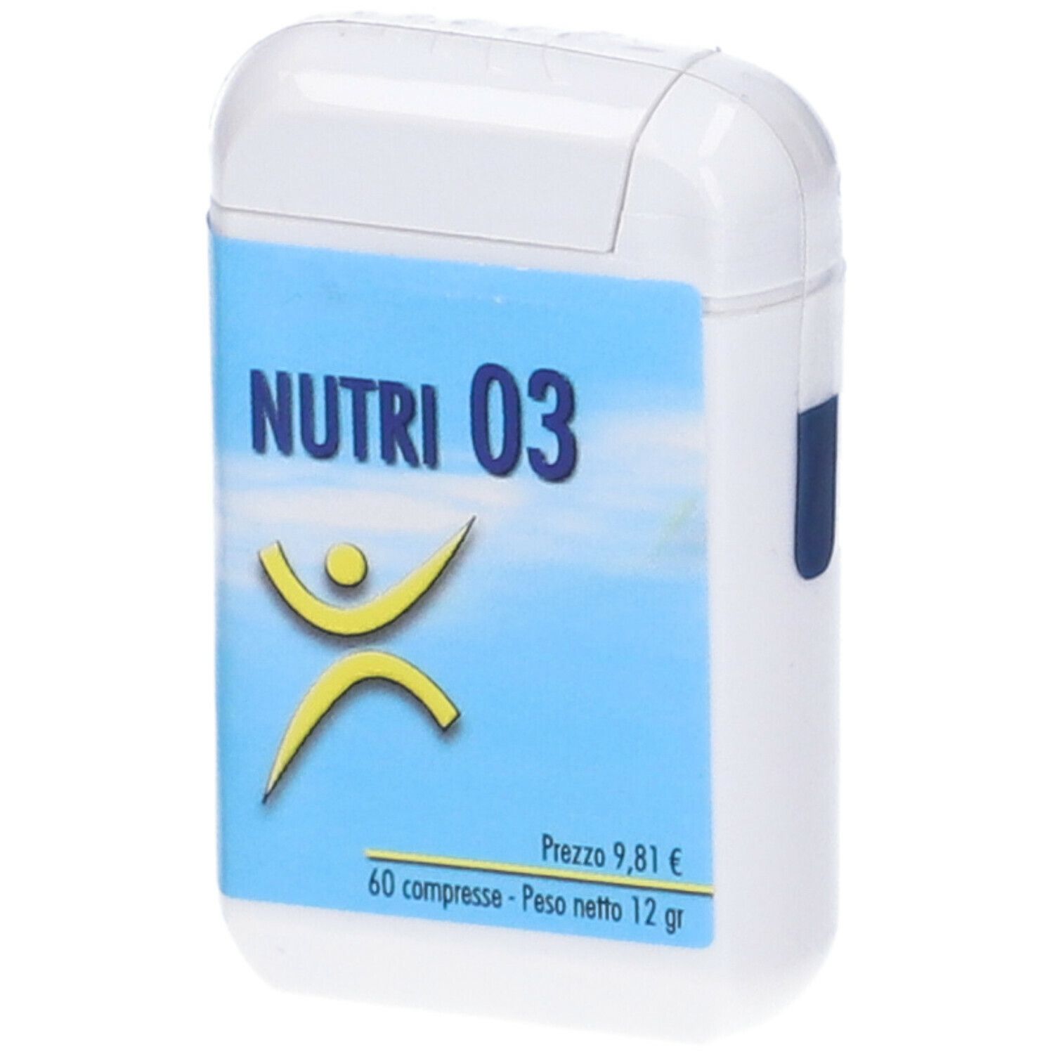 Contenitore bianco con etichetta blu. Scritta: NUTRI 03, figura gialla, prezzo, 60 compresse.