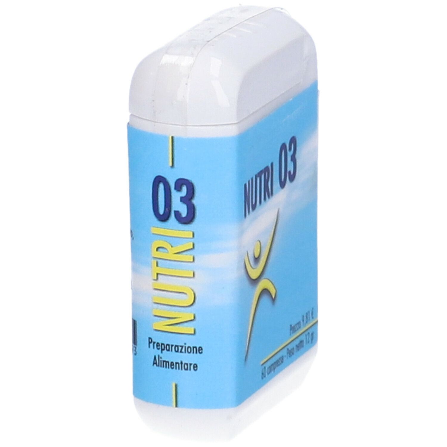 Contenitore bianco con etichetta blu. Scritta: NUTRI 03, figura gialla, vista laterale.