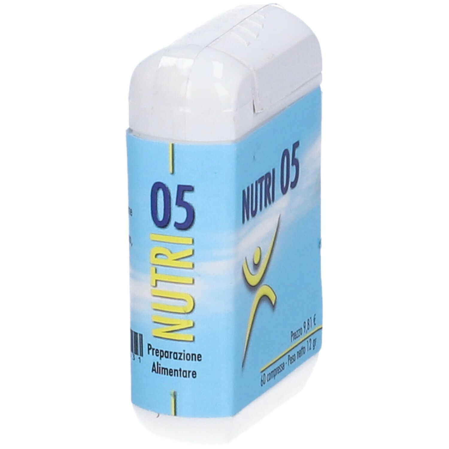 Scatola bianca rettangolare con etichetta blu. Scritta: NUTRI 05, logo, Preparazione Alimentare.