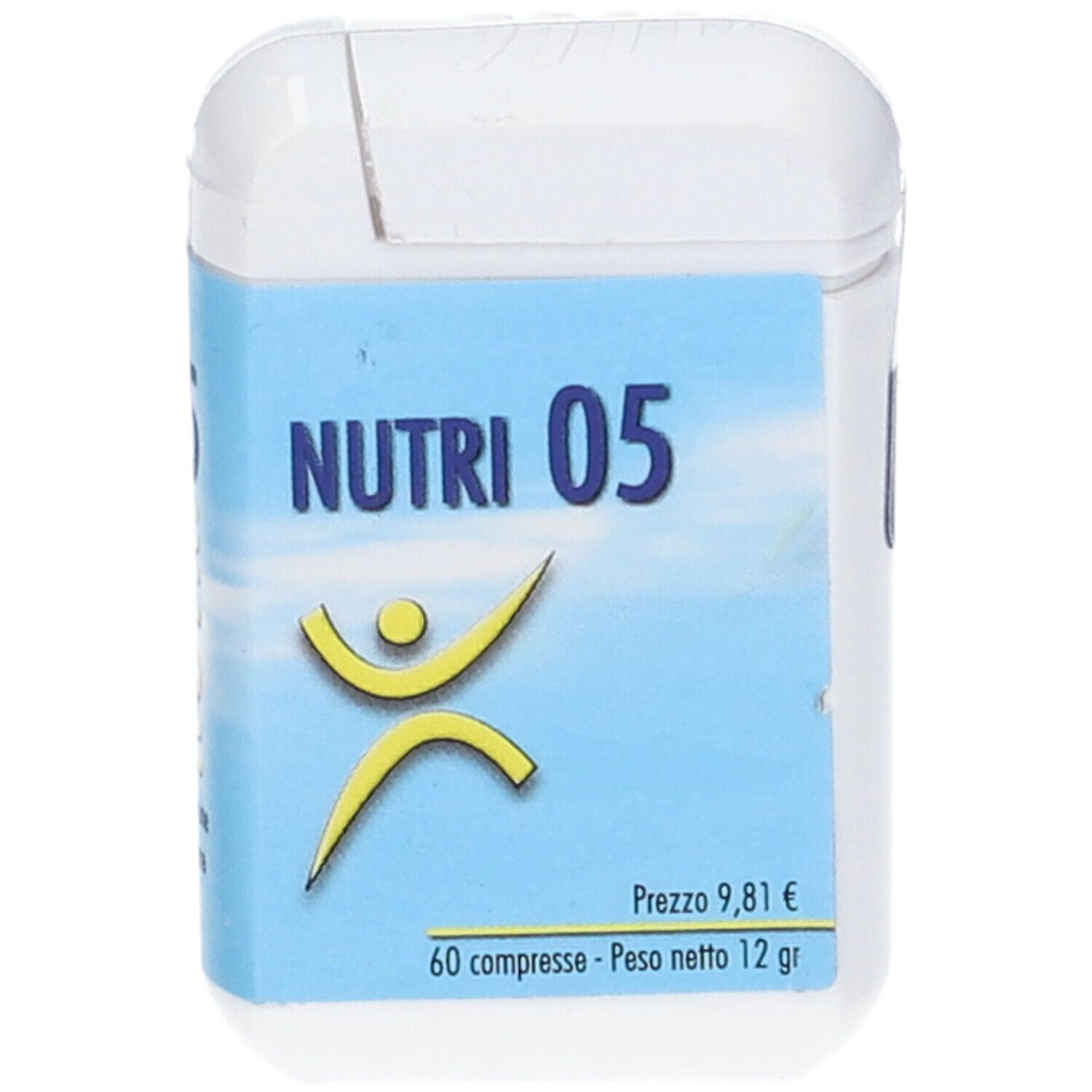 Scatola bianca rettangolare con etichetta blu. Scritta: NUTRI 05, logo, prezzo, 60 compresse, 12 g.