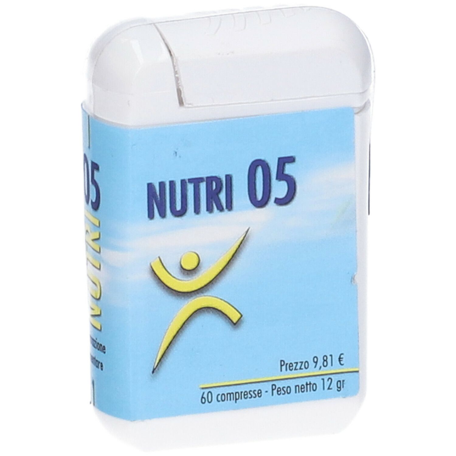 Scatola bianca rettangolare con etichetta blu. Scritta: NUTRI 05, logo, prezzo, 60 compresse, 12 g.