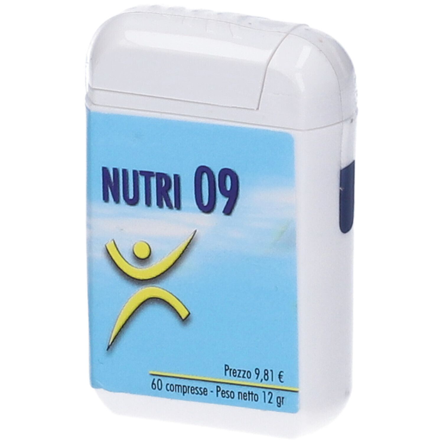 Contenitore bianco con etichetta blu. "NUTRI 09", logo giallo, prezzo e peso. Forma arrotondata.