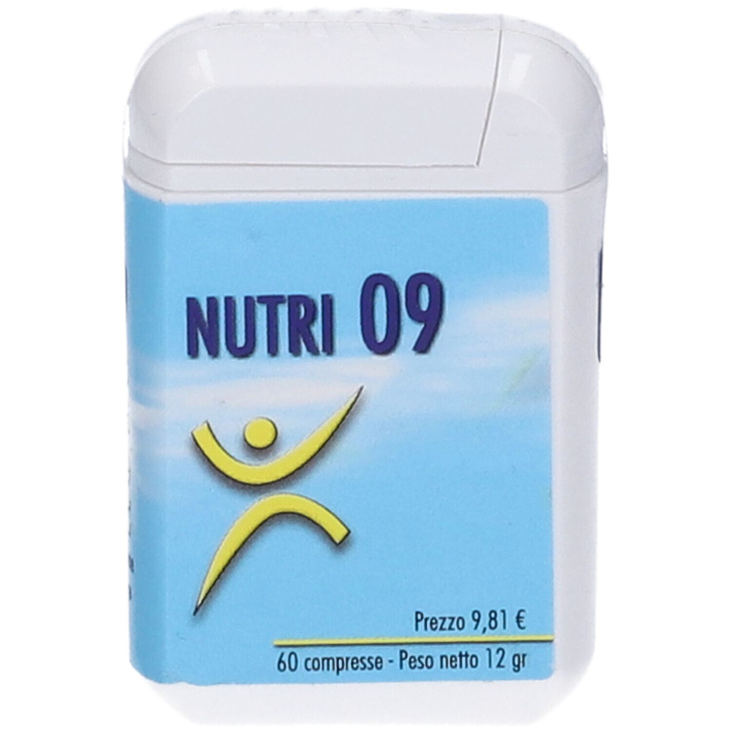 Contenitore bianco con etichetta blu. "NUTRI 09", logo giallo, prezzo e peso. Forma arrotondata.