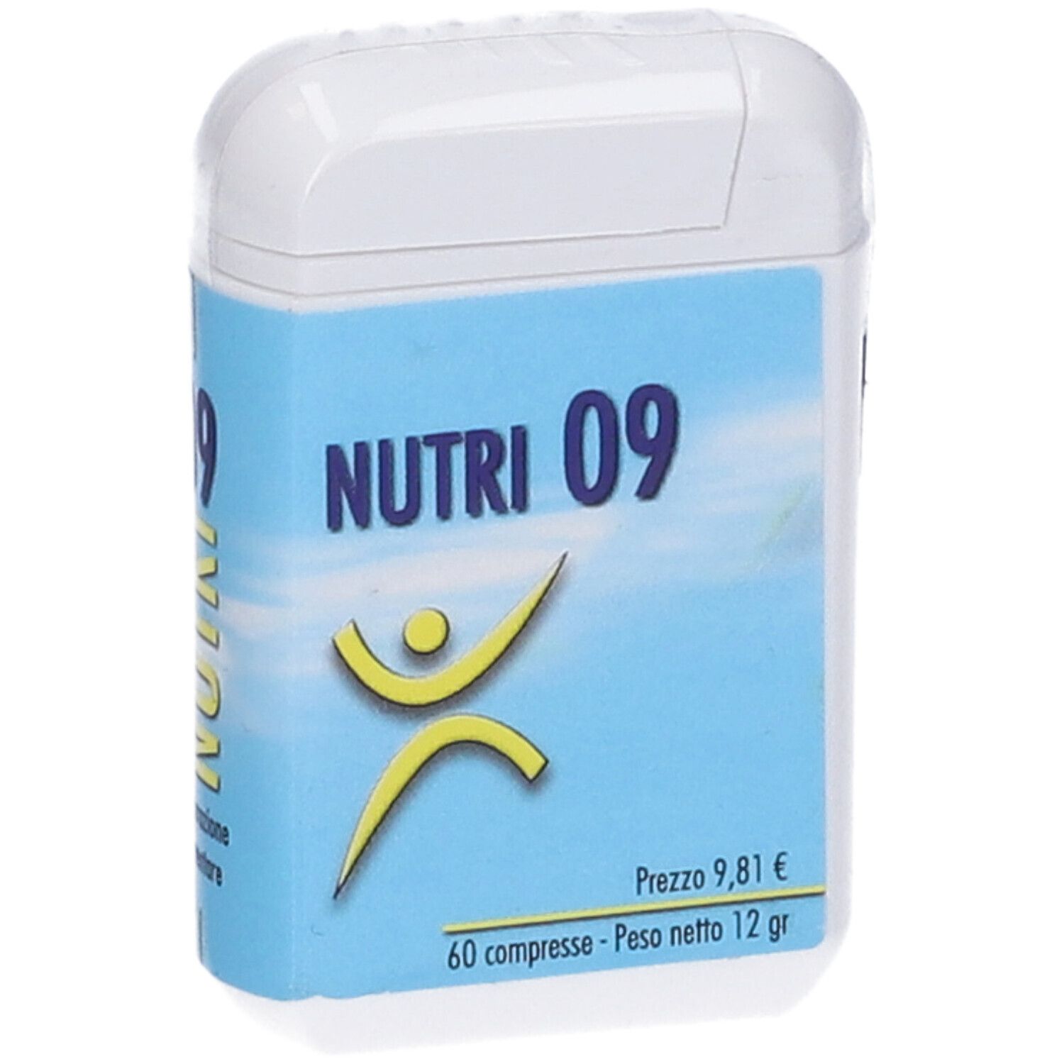 Contenitore bianco con etichetta blu. "NUTRI 09", logo giallo, prezzo e peso. Forma arrotondata.