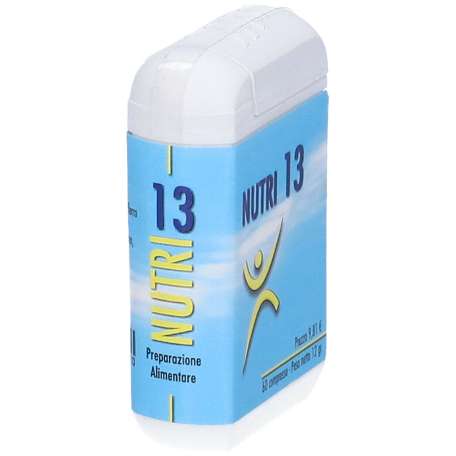 Contenitore bianco con etichetta blu. Scritta: NUTRI 13, logo. Testo: Preparazione Alimentare. Prezzo 9,81 €, 60 compresse, 12 g.