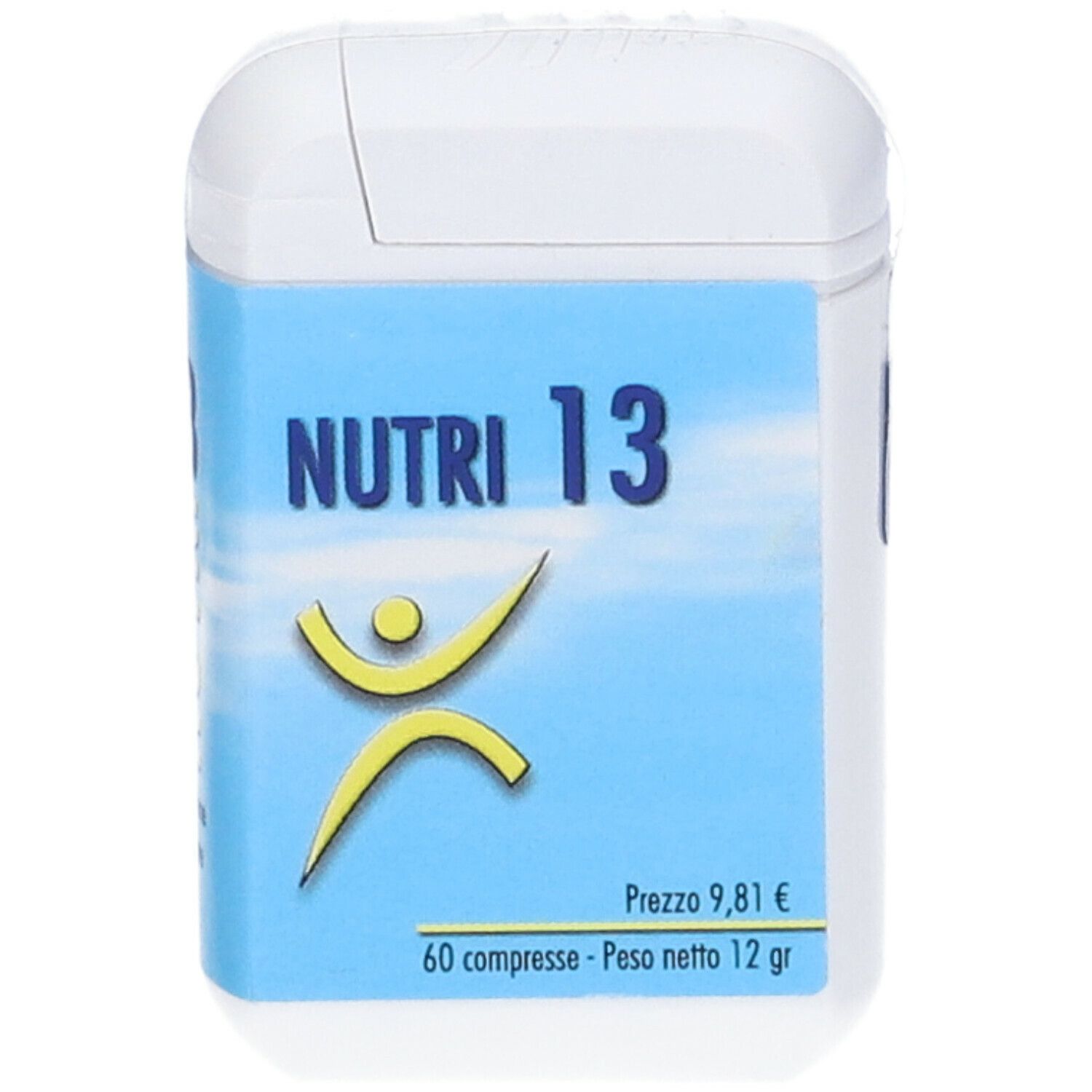 Contenitore bianco con etichetta blu. Scritta: NUTRI 13, prezzo 9,81 €, 60 compresse, 12 g. Logo giallo.