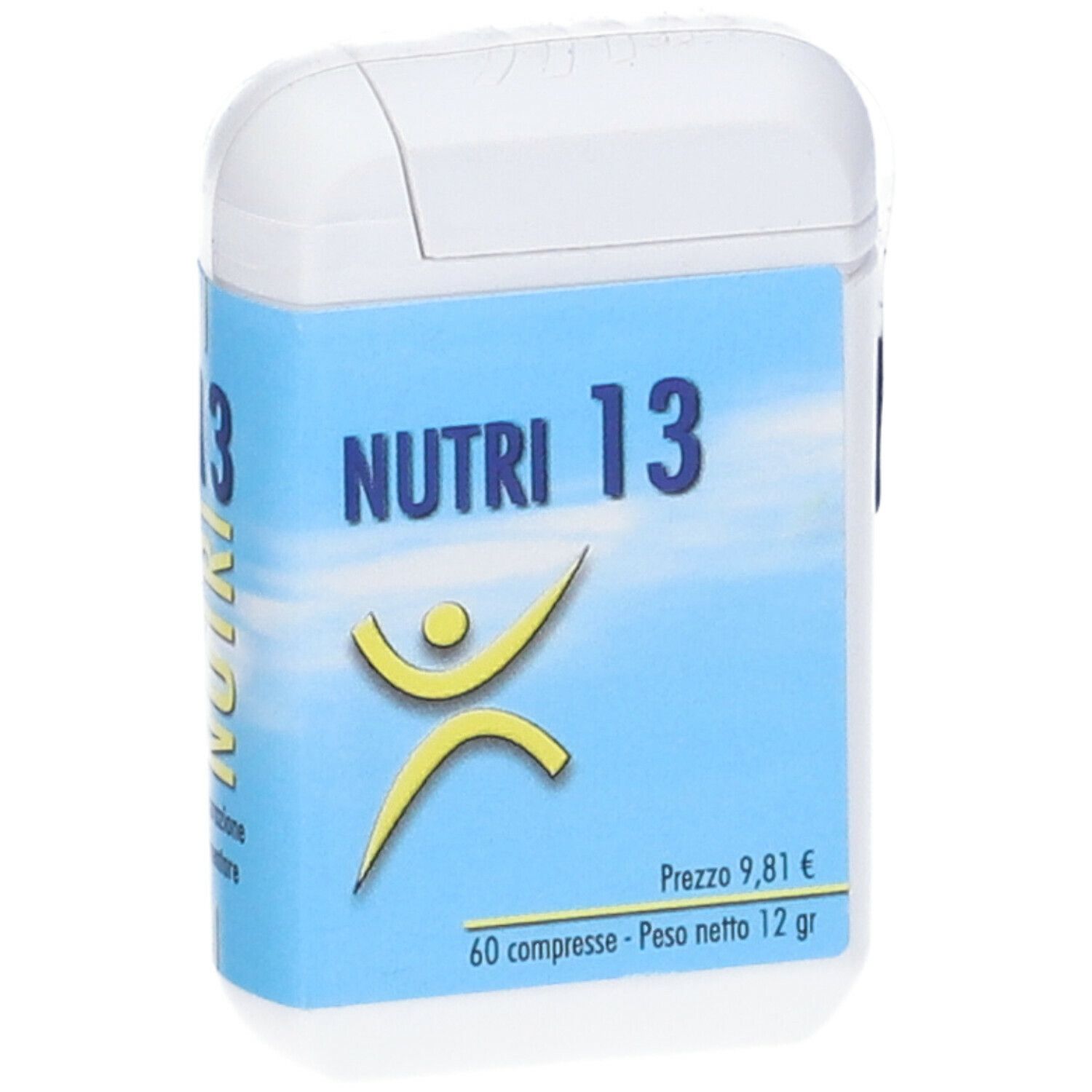 Contenitore bianco con etichetta blu. Scritta: NUTRI 13, prezzo 9,81 €, 60 compresse, 12 g. Logo giallo.