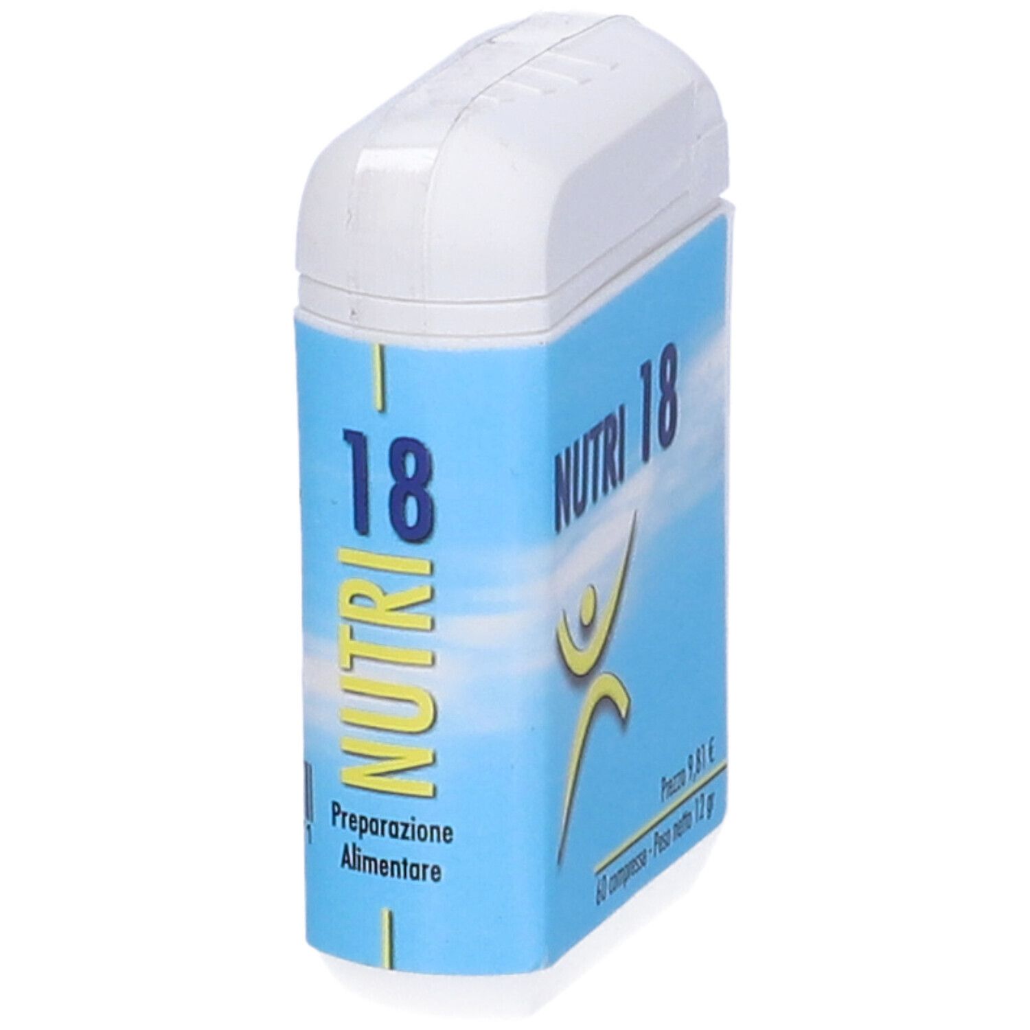 Confezione ovale bianca con etichetta blu. Scritta: NUTRI 18. Logo giallo. Testo: Preparazione Alimentare.