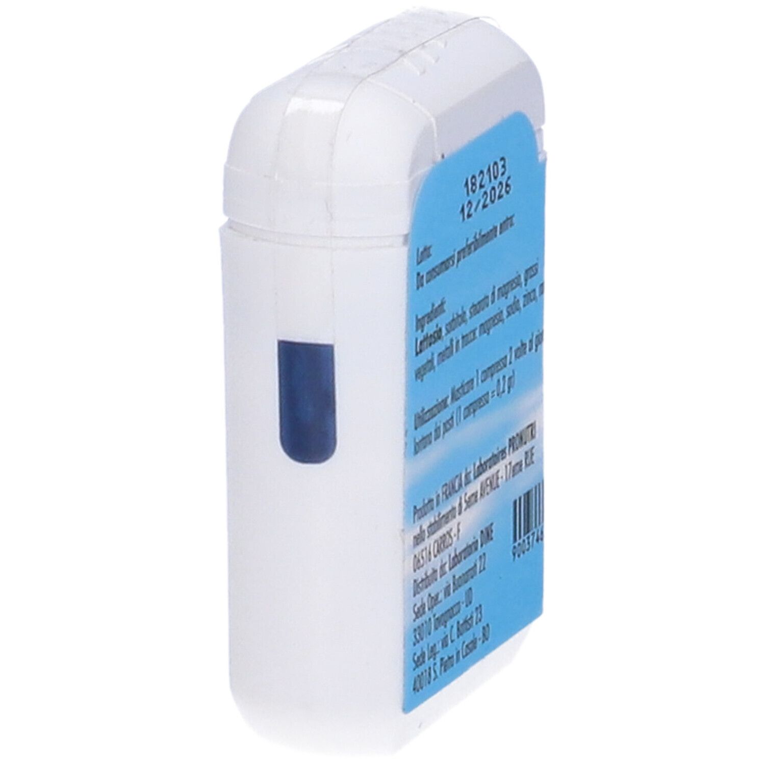 Confezione ovale bianca con etichetta blu. Testo con ingredienti e data di scadenza. Informazioni produttore.