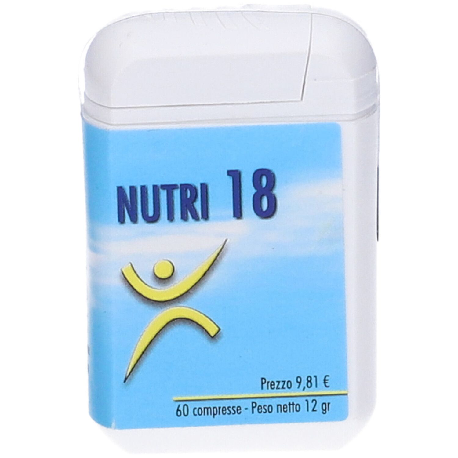 Confezione bianca ovale con etichetta blu. Scritta: NUTRI 18. Logo giallo. Prezzo e contenuto indicati.