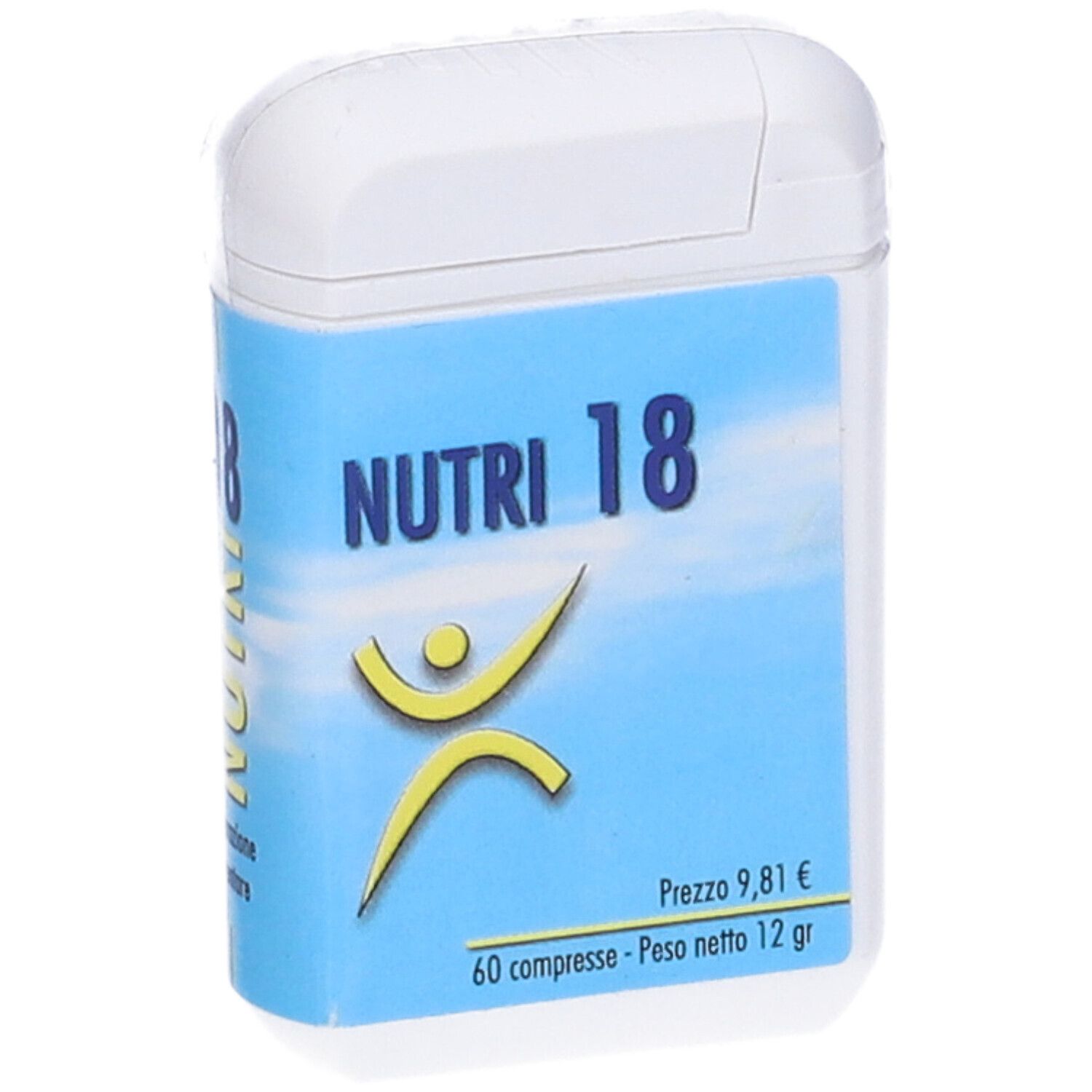 Confezione bianca ovale con etichetta blu. Scritta: NUTRI 18. Logo giallo. Prezzo e contenuto indicati.