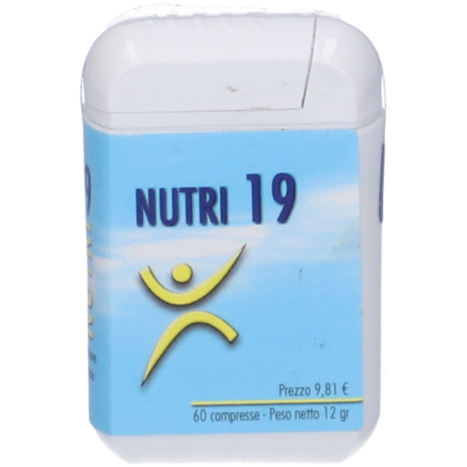 Contenitore bianco con etichetta blu. Scritta Nutri 19, logo, prezzo e numero compresse.