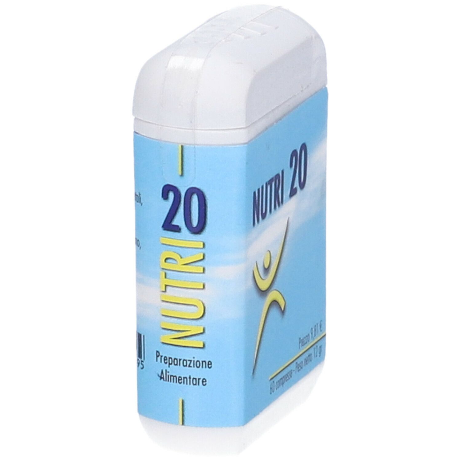 Scatola bianca rettangolare con etichetta blu. Scritta: NUTRI 20, logo, 'Preparazione Alimentare'.