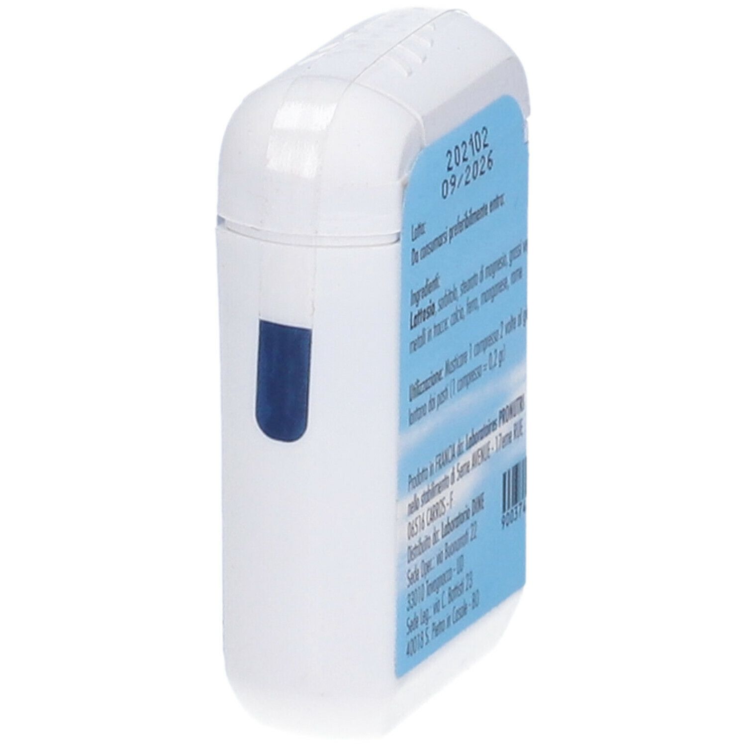 Scatola bianca con etichetta blu. Scritta: data di scadenza, ingredienti, informazioni produttore, numero di lotto.