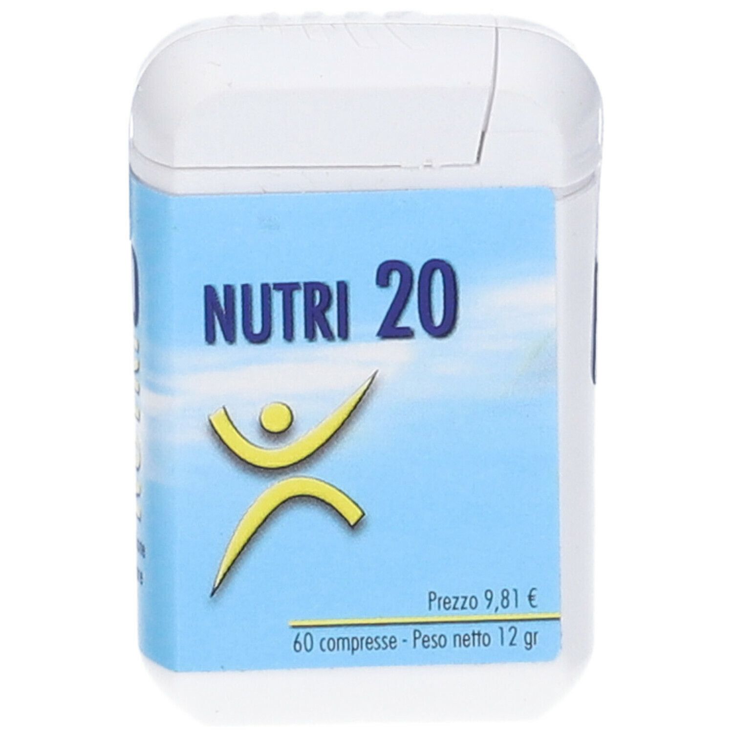 Scatola bianca rettangolare con etichetta blu. Scritta: NUTRI 20, logo, prezzo, 60 compresse, 12 g.