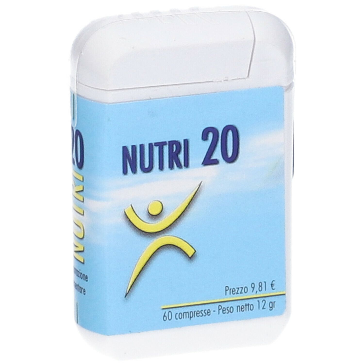 Scatola bianca rettangolare con etichetta blu. Scritta: NUTRI 20, logo, prezzo, 60 compresse, 12 g.