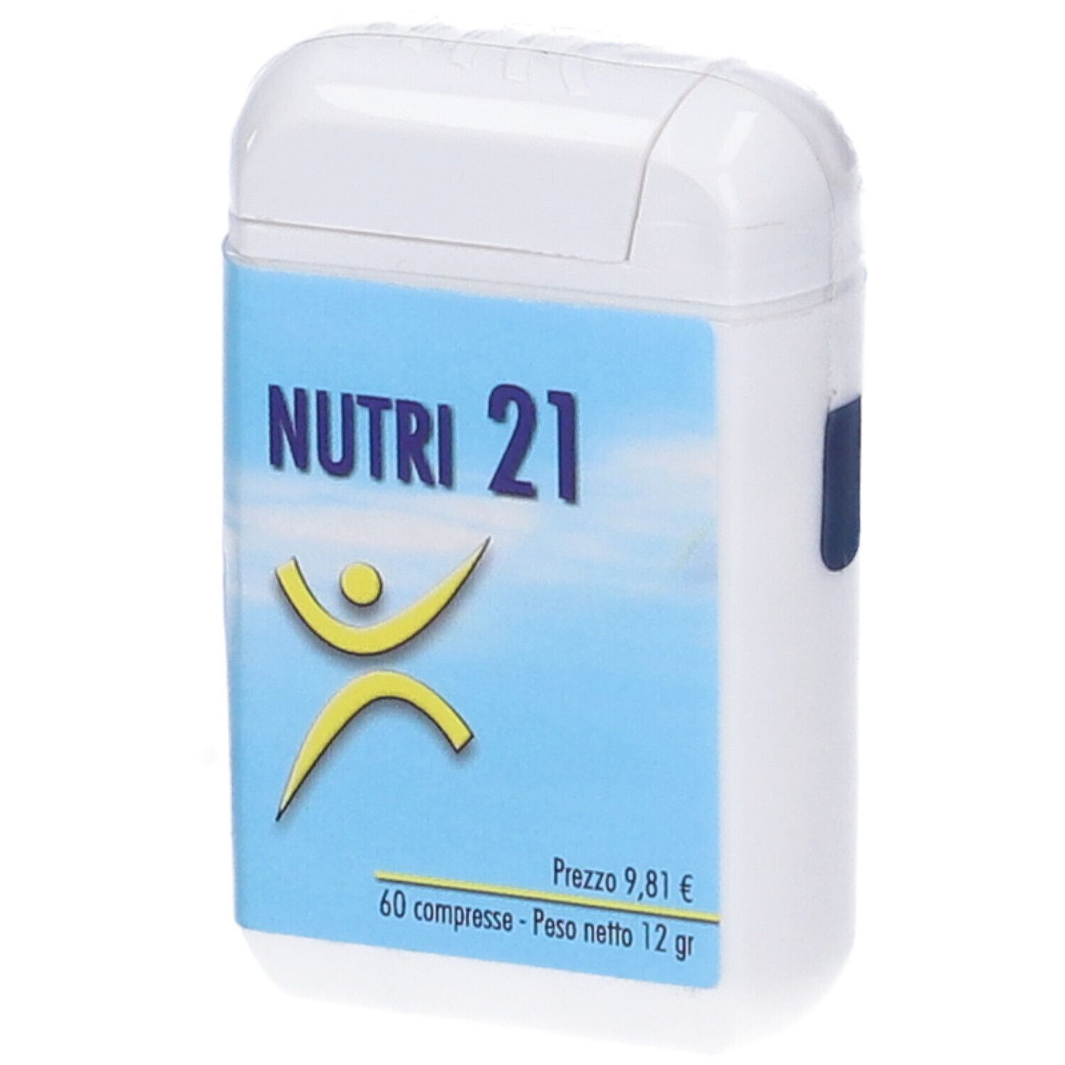 Contenitore bianco con etichetta blu. Scritta: NUTRI 21, figura gialla. 60 compresse, 12 g. Prezzo 9,81 €.